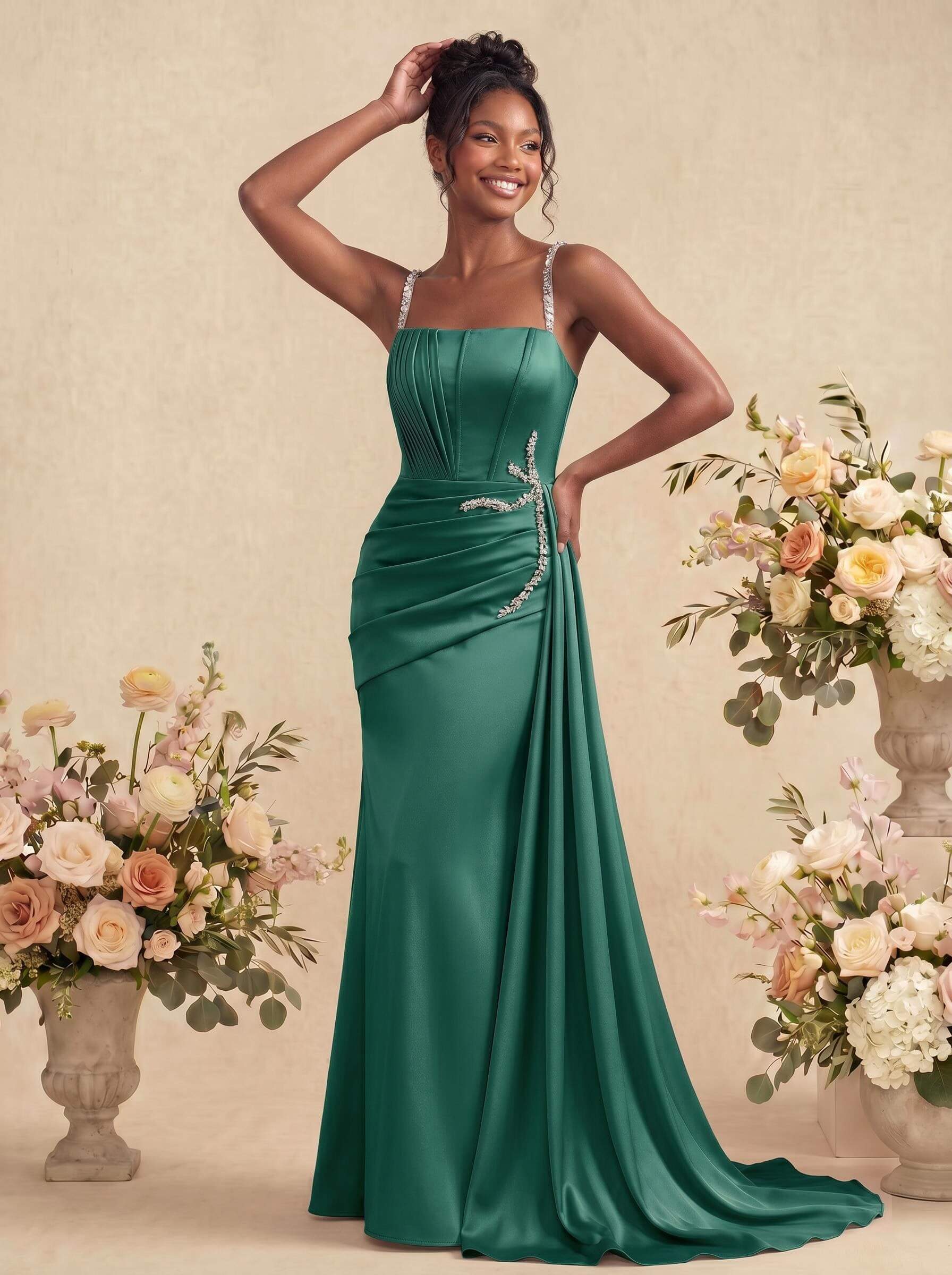 Sheath/Column Square Neckline Sleeveless Soft Satin Bridesmaid Dresses With Rhinestone