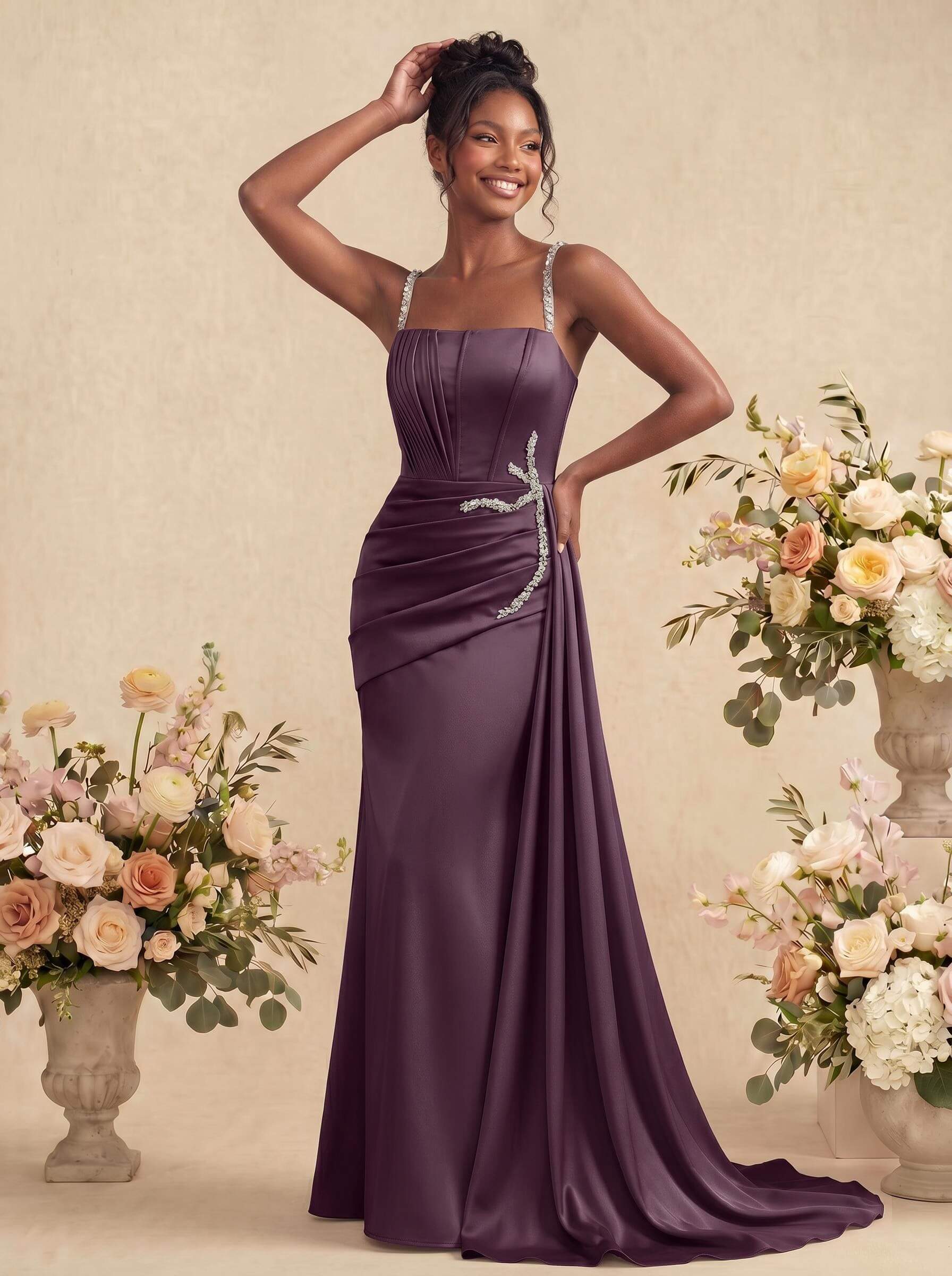 Sheath/Column Square Neckline Sleeveless Soft Satin Bridesmaid Dresses With Rhinestone