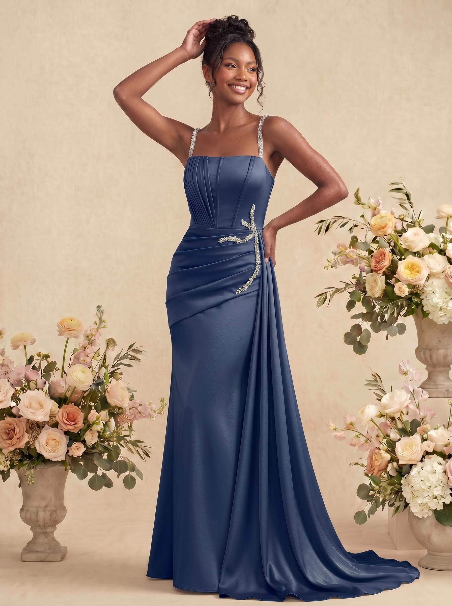 Sheath/Column Square Neckline Sleeveless Soft Satin Bridesmaid Dresses With Rhinestone