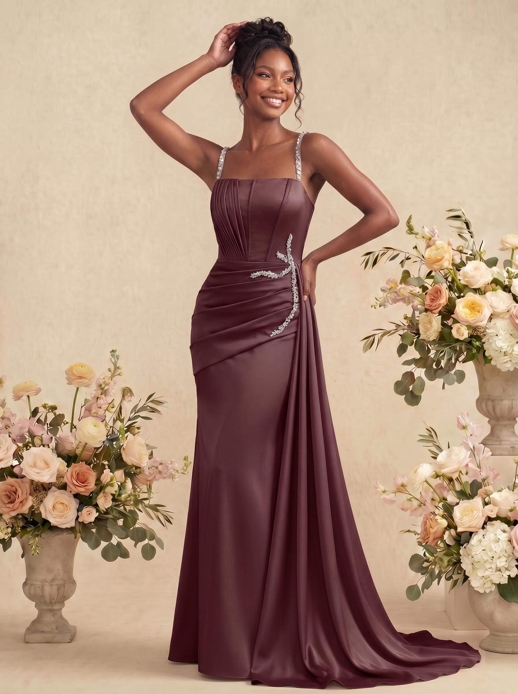 Sheath/Column Square Neckline Sleeveless Soft Satin Bridesmaid Dresses With Rhinestone