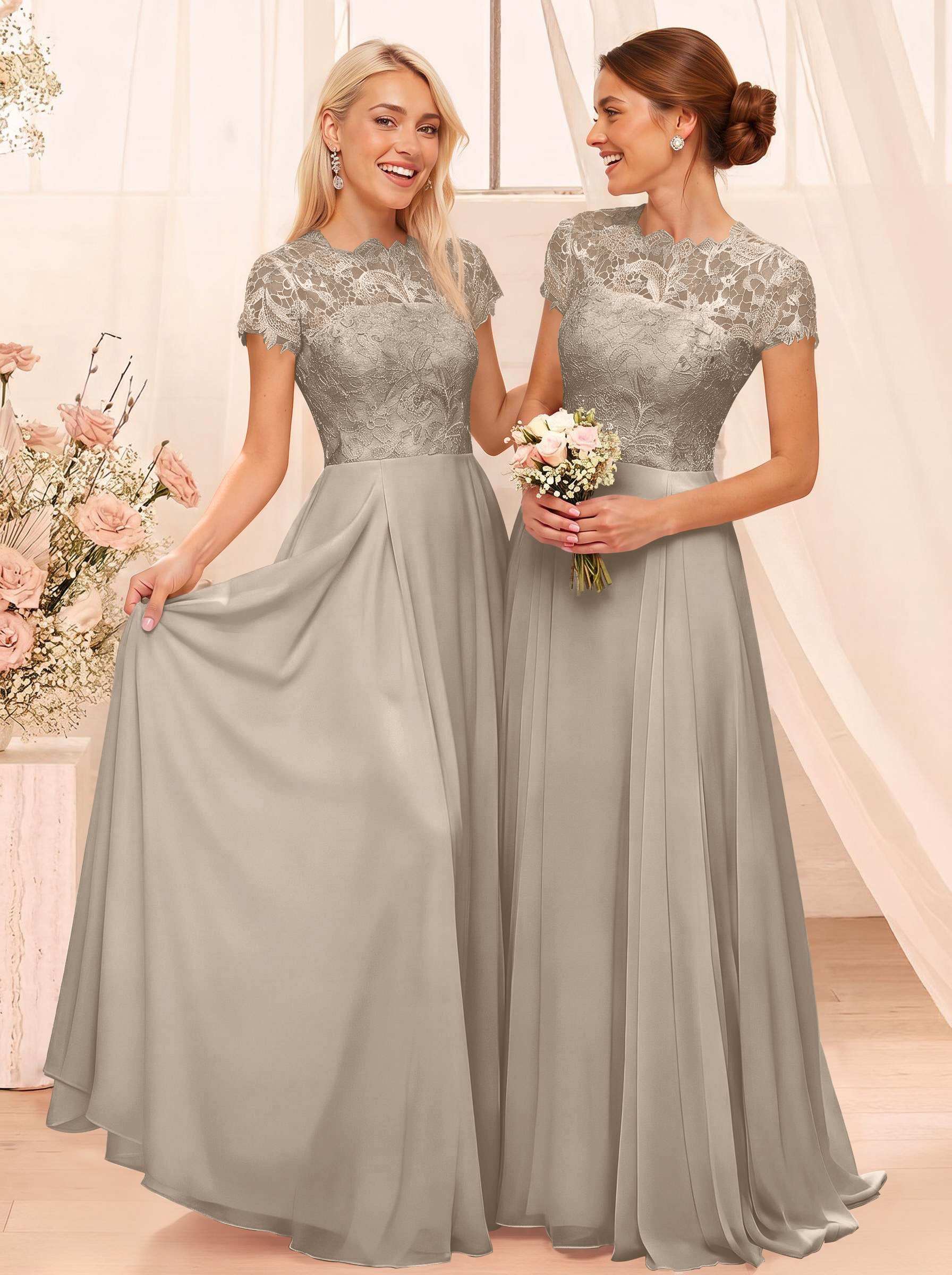 A-Line Scoop Neck Sleeveless Cap Straps Chiffon Floor-Length Bridesmaid Dresses With Lace, product image 121
