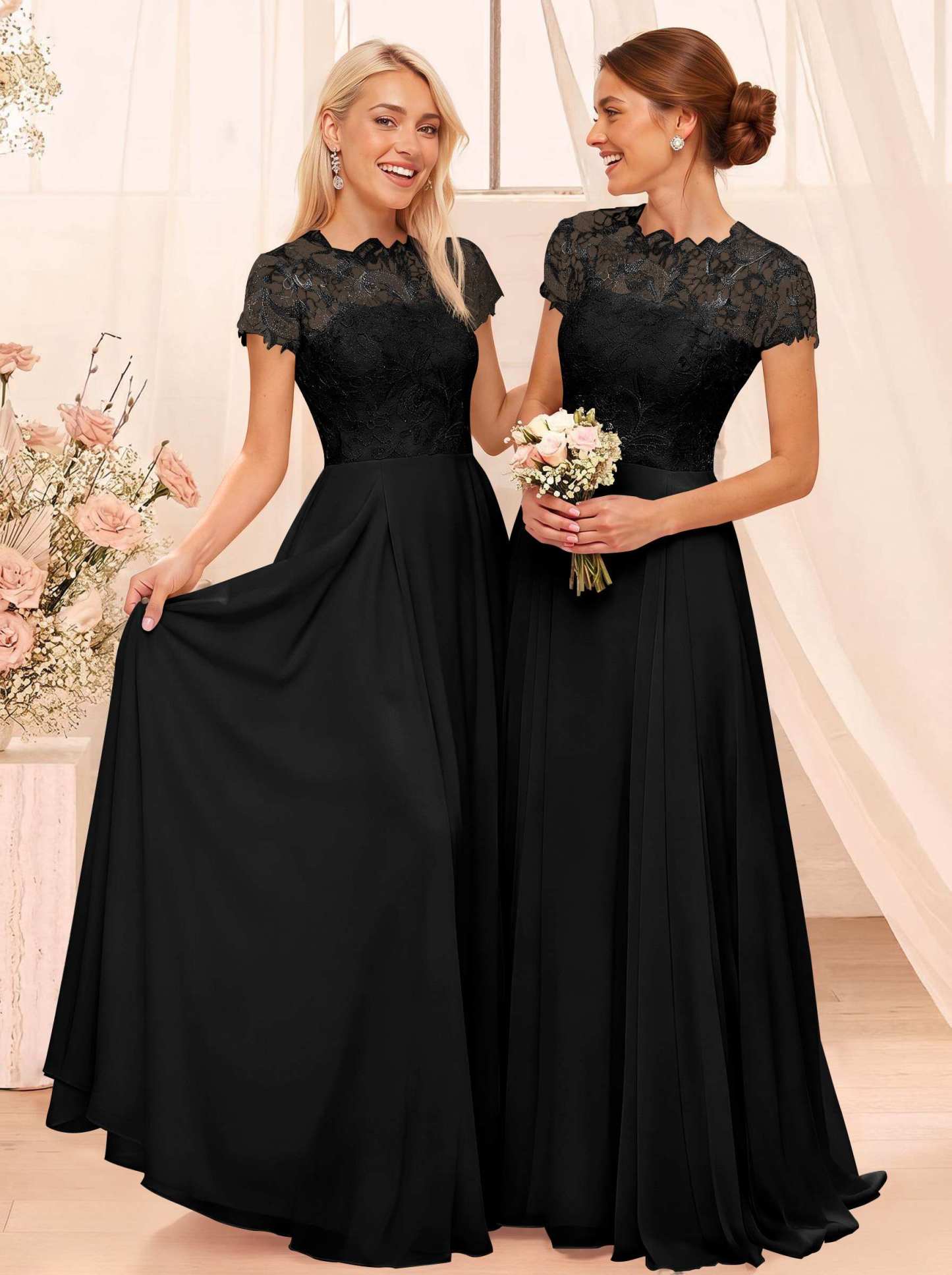 A-Line Scoop Neck Sleeveless Cap Straps Chiffon Floor-Length Bridesmaid Dresses With Lace, product image 117