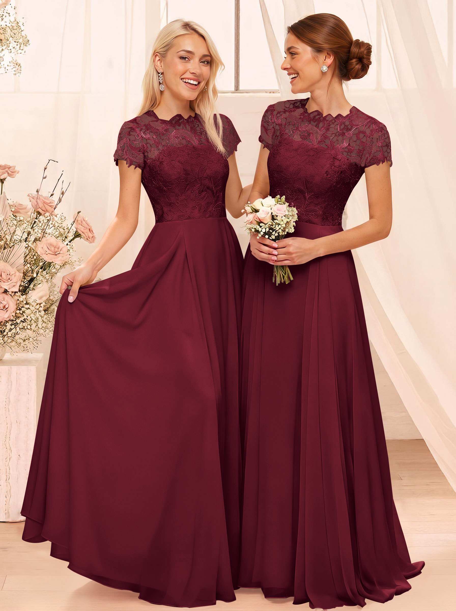 A-Line Scoop Neck Sleeveless Cap Straps Chiffon Floor-Length Bridesmaid Dresses With Lace, product image 29