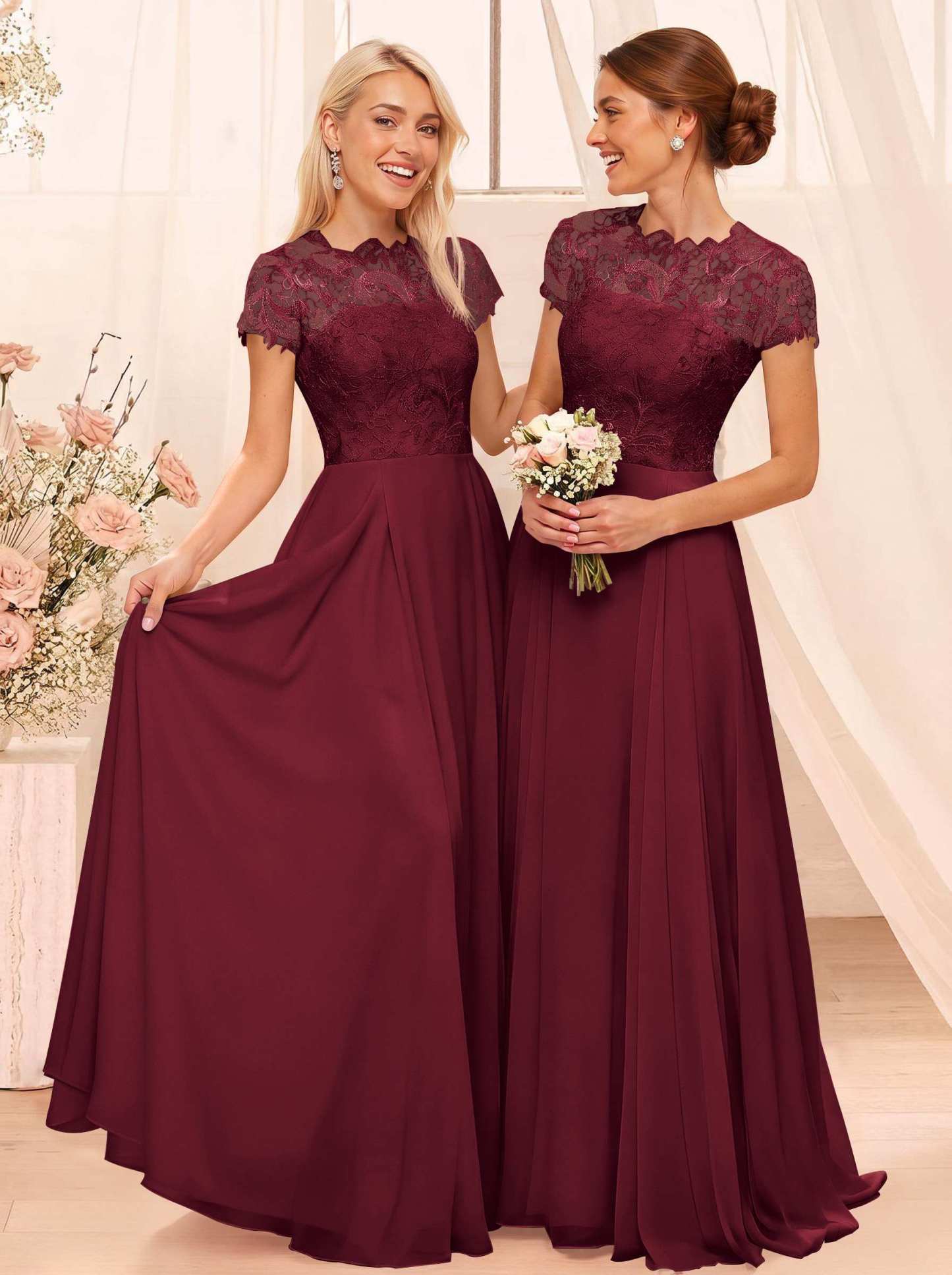 A-Line Scoop Neck Sleeveless Cap Straps Chiffon Floor-Length Bridesmaid Dresses With Lace, product image 29