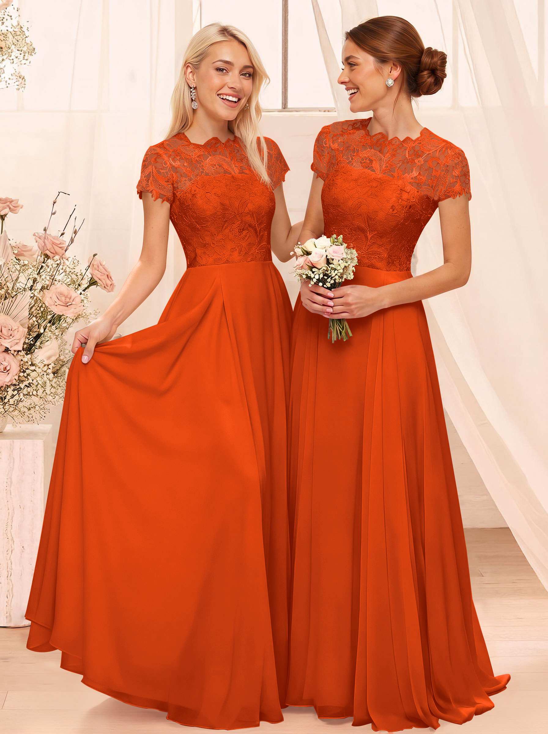 A-Line Scoop Neck Sleeveless Cap Straps Chiffon Floor-Length Bridesmaid Dresses With Lace, product image 123