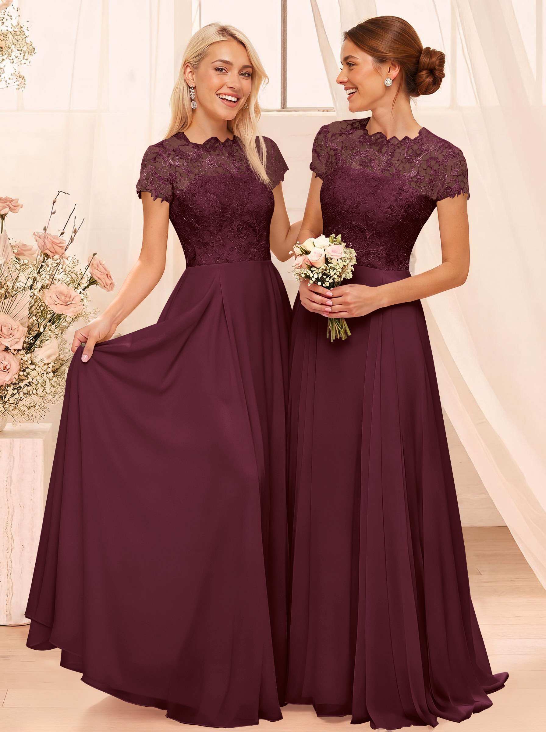A-Line Scoop Neck Sleeveless Cap Straps Chiffon Floor-Length Bridesmaid Dresses With Lace, product image 27