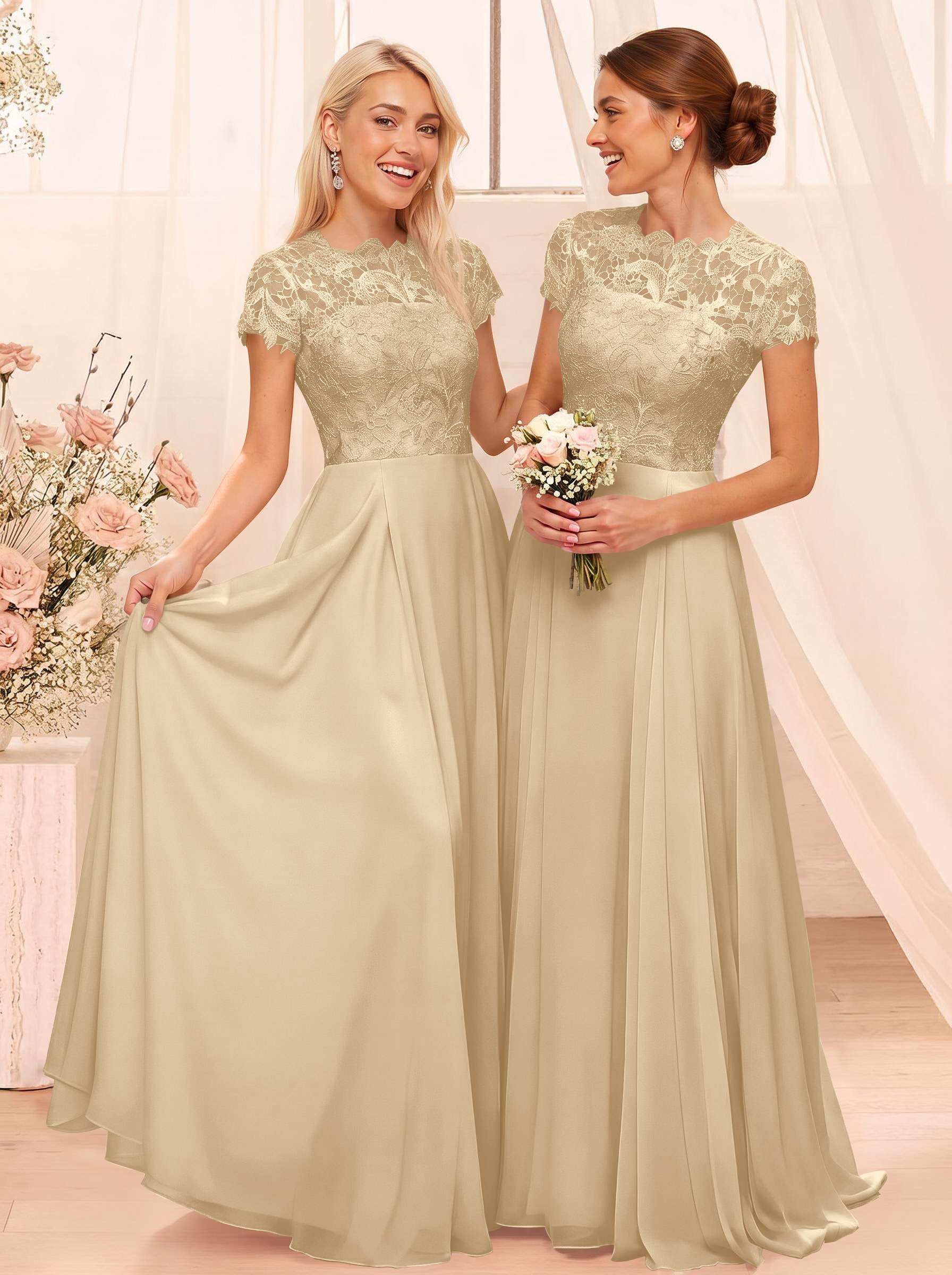 A-Line Scoop Neck Sleeveless Cap Straps Chiffon Floor-Length Bridesmaid Dresses With Lace, product image 95