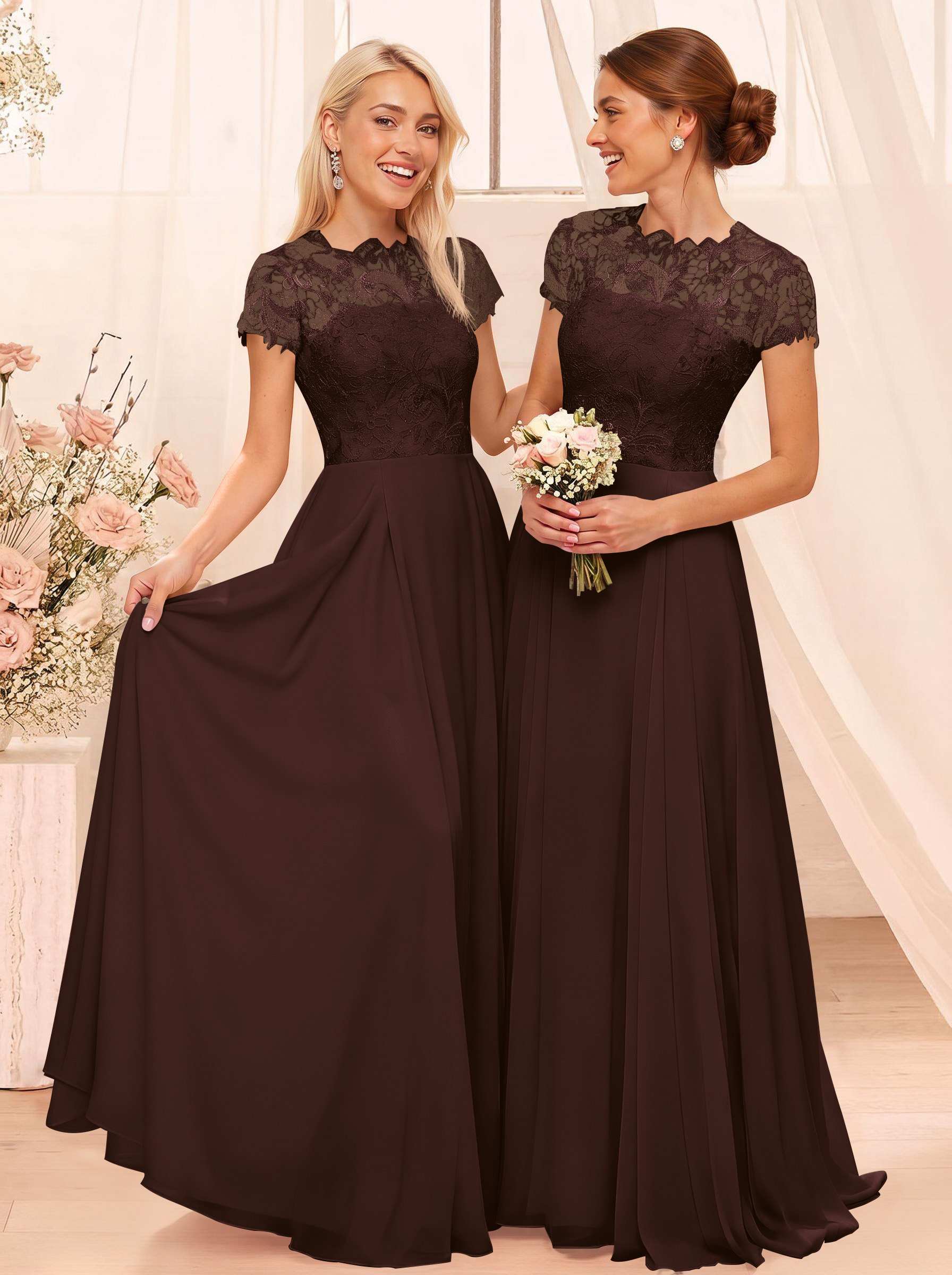 A-Line Scoop Neck Sleeveless Cap Straps Chiffon Floor-Length Bridesmaid Dresses With Lace, product image 107