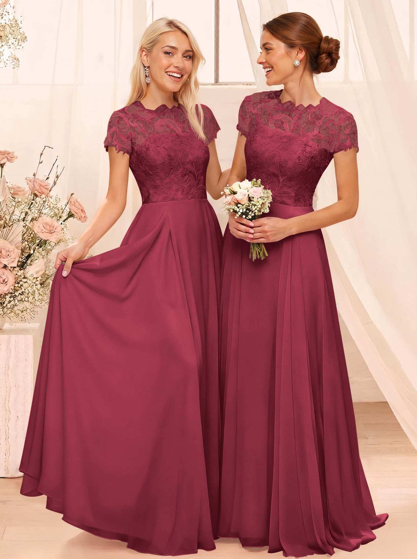 A-Line Scoop Neck Sleeveless Cap Straps Chiffon Floor-Length Bridesmaid Dresses With Lace, product image 31