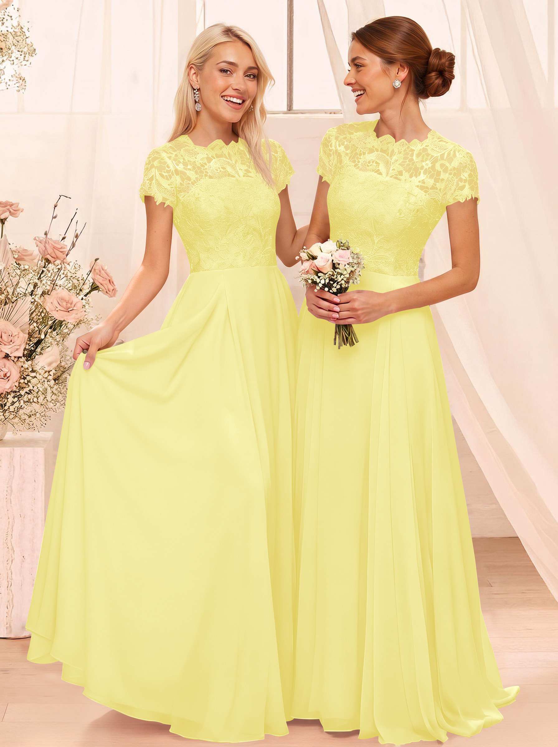 A-Line Scoop Neck Sleeveless Cap Straps Chiffon Floor-Length Bridesmaid Dresses With Lace, product image 99