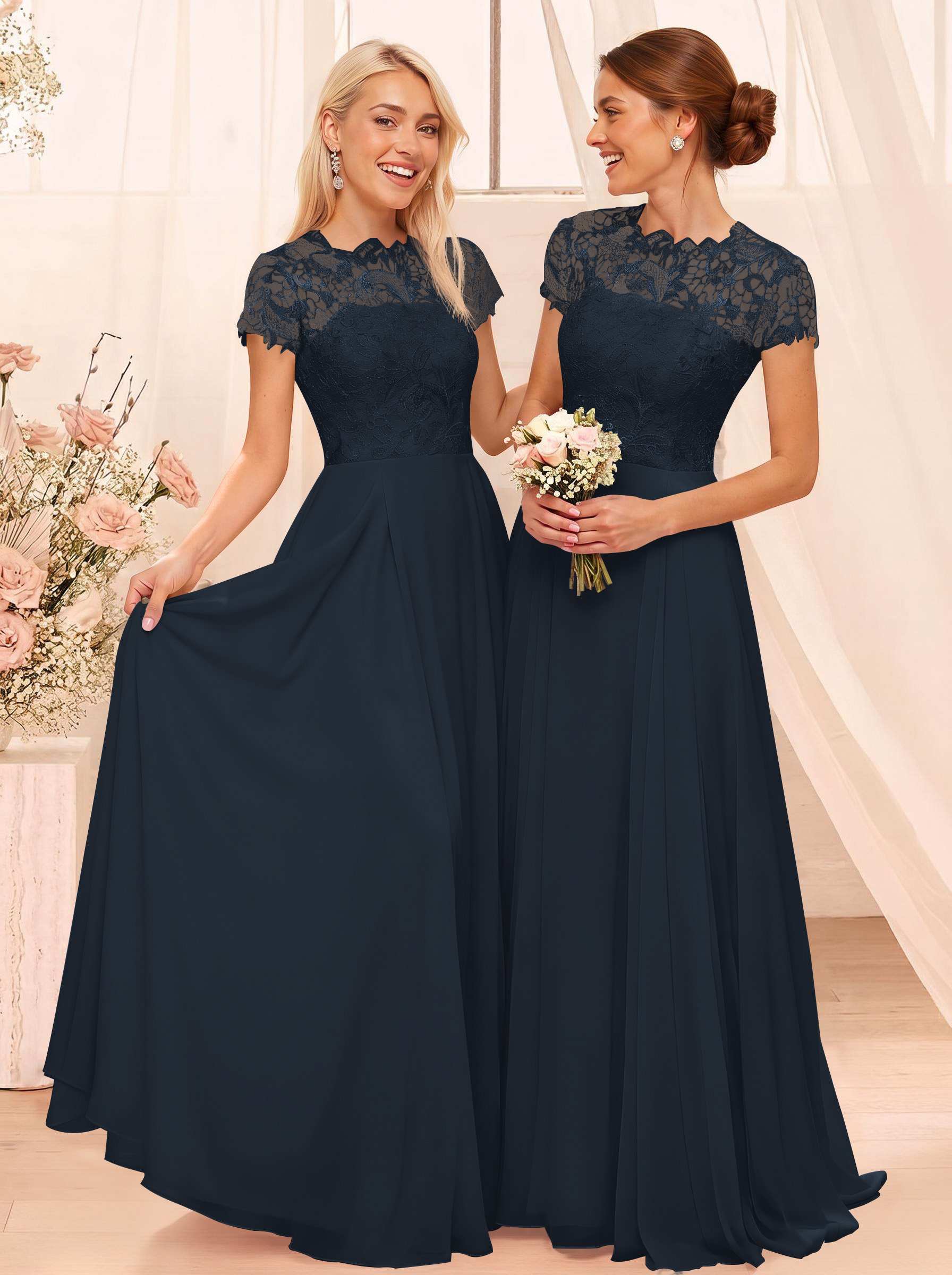 A-Line Scoop Neck Sleeveless Cap Straps Chiffon Floor-Length Bridesmaid Dresses With Lace, product image 3
