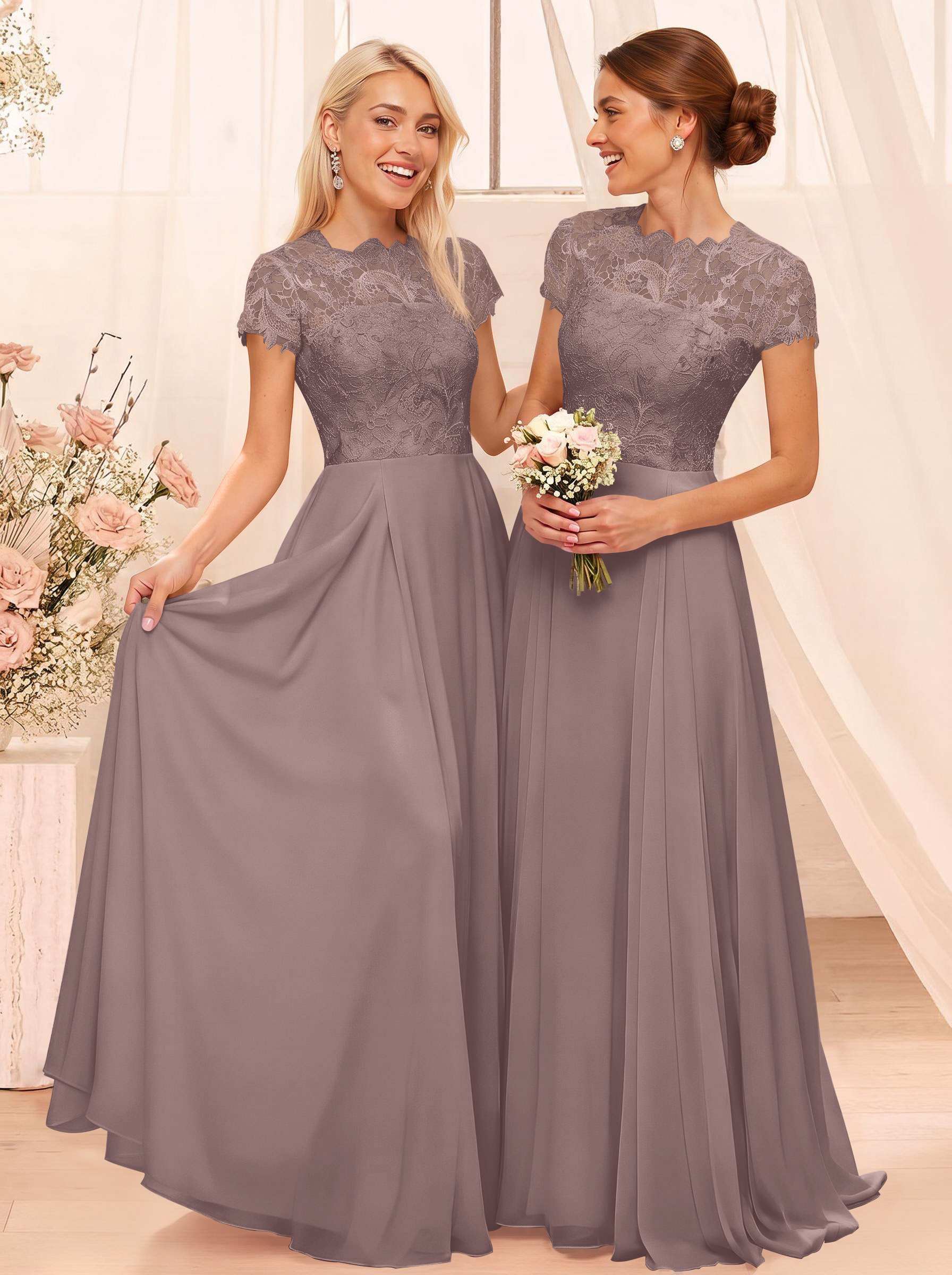 A-Line Scoop Neck Sleeveless Cap Straps Chiffon Floor-Length Bridesmaid Dresses With Lace, product image 53