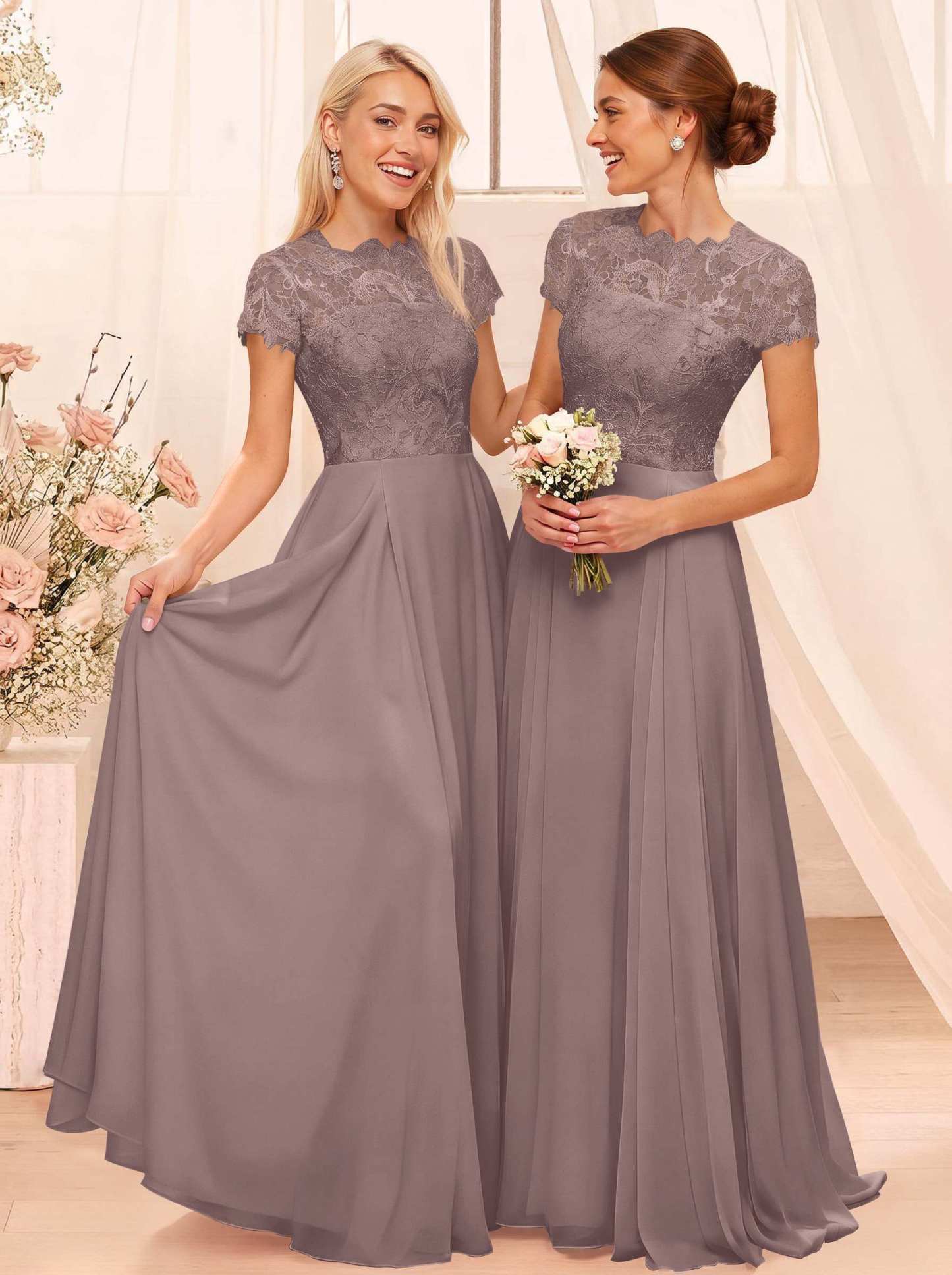 A-Line Scoop Neck Sleeveless Cap Straps Chiffon Floor-Length Bridesmaid Dresses With Lace, product image 53