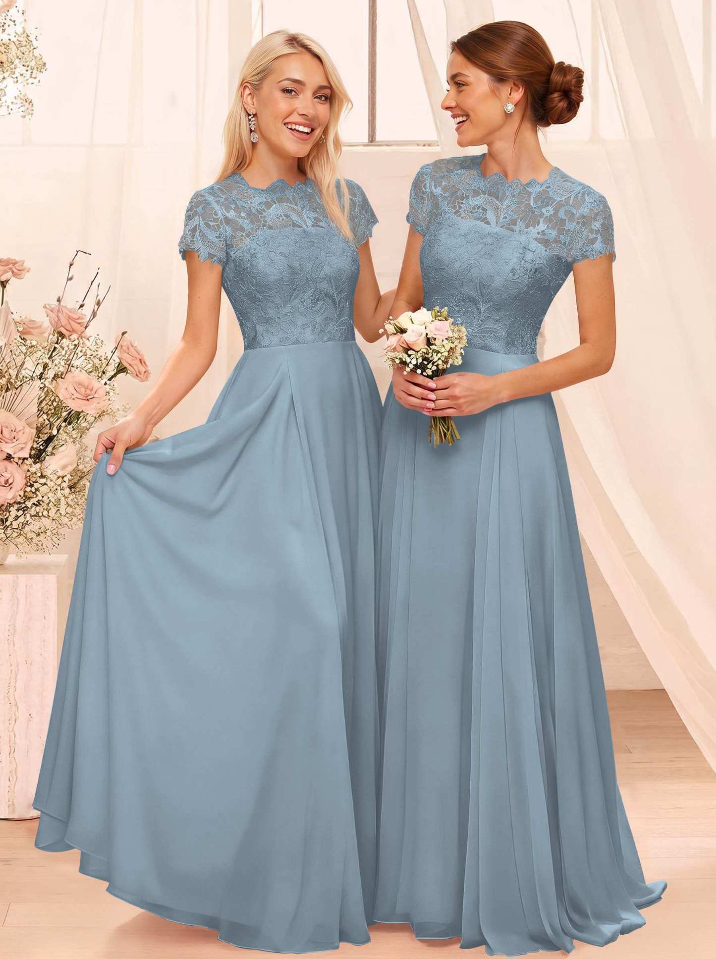 A-Line Scoop Neck Sleeveless Cap Straps Chiffon Floor-Length Bridesmaid Dresses With Lace, product image 7