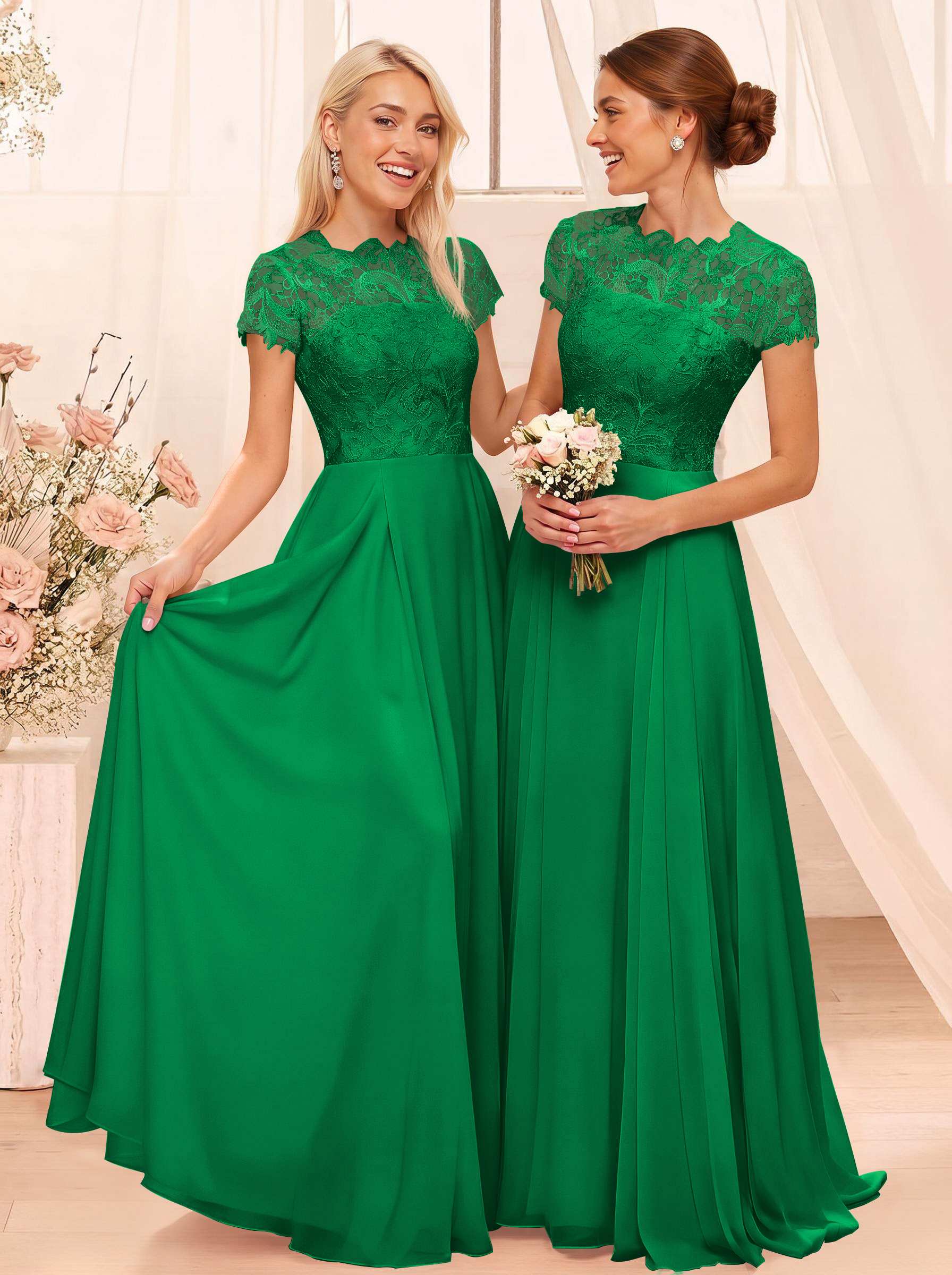 A-Line Scoop Neck Sleeveless Cap Straps Chiffon Floor-Length Bridesmaid Dresses With Lace, product image 127