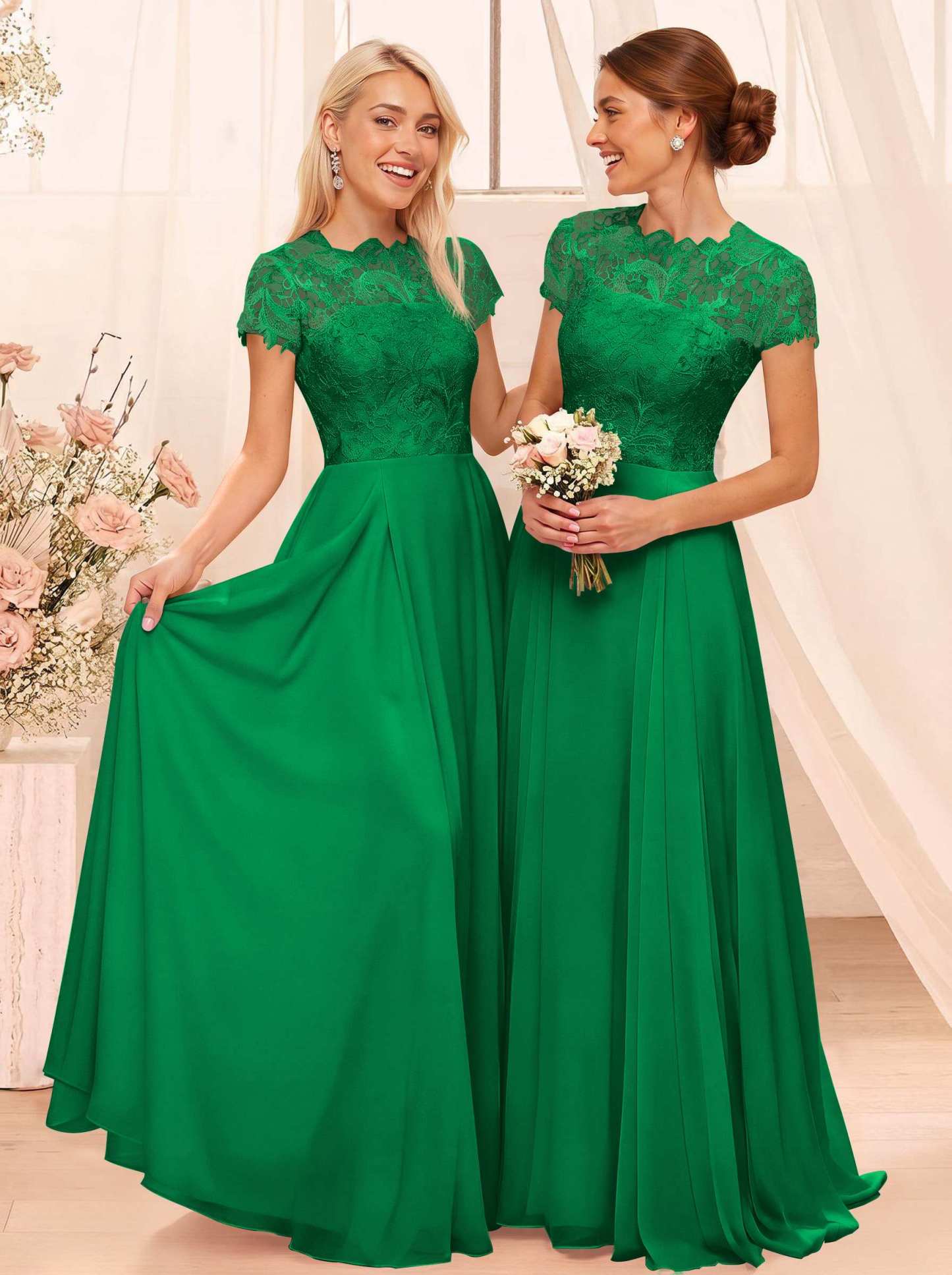 A-Line Scoop Neck Sleeveless Cap Straps Chiffon Floor-Length Bridesmaid Dresses With Lace, product image 127