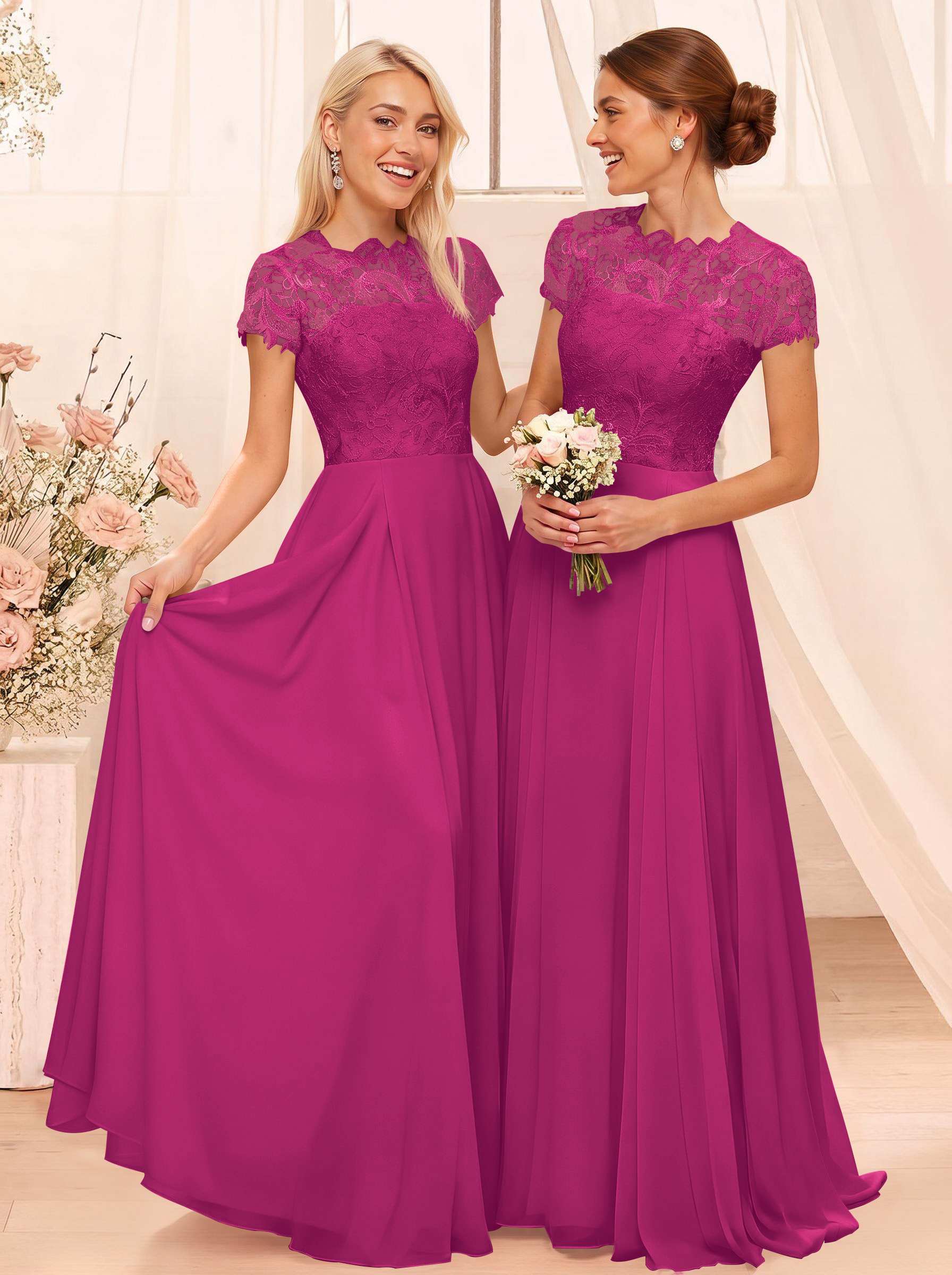 A-Line Scoop Neck Sleeveless Cap Straps Chiffon Floor-Length Bridesmaid Dresses With Lace, product image 75