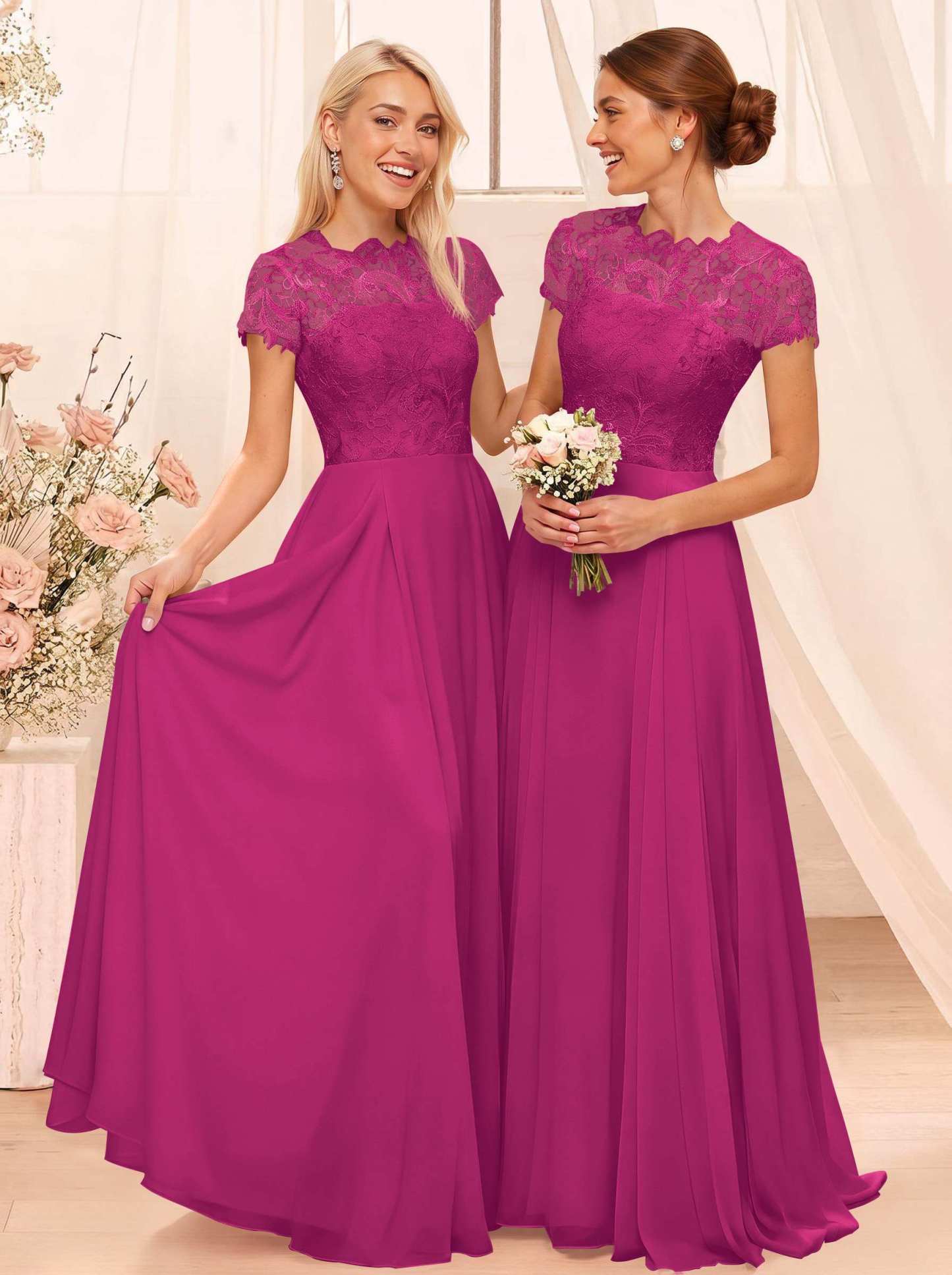 A-Line Scoop Neck Sleeveless Cap Straps Chiffon Floor-Length Bridesmaid Dresses With Lace, product image 75