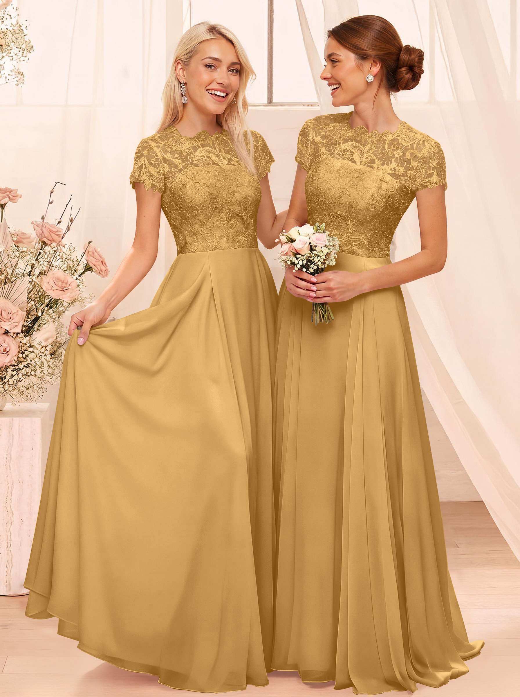 A-Line Scoop Neck Sleeveless Cap Straps Chiffon Floor-Length Bridesmaid Dresses With Lace, product image 101