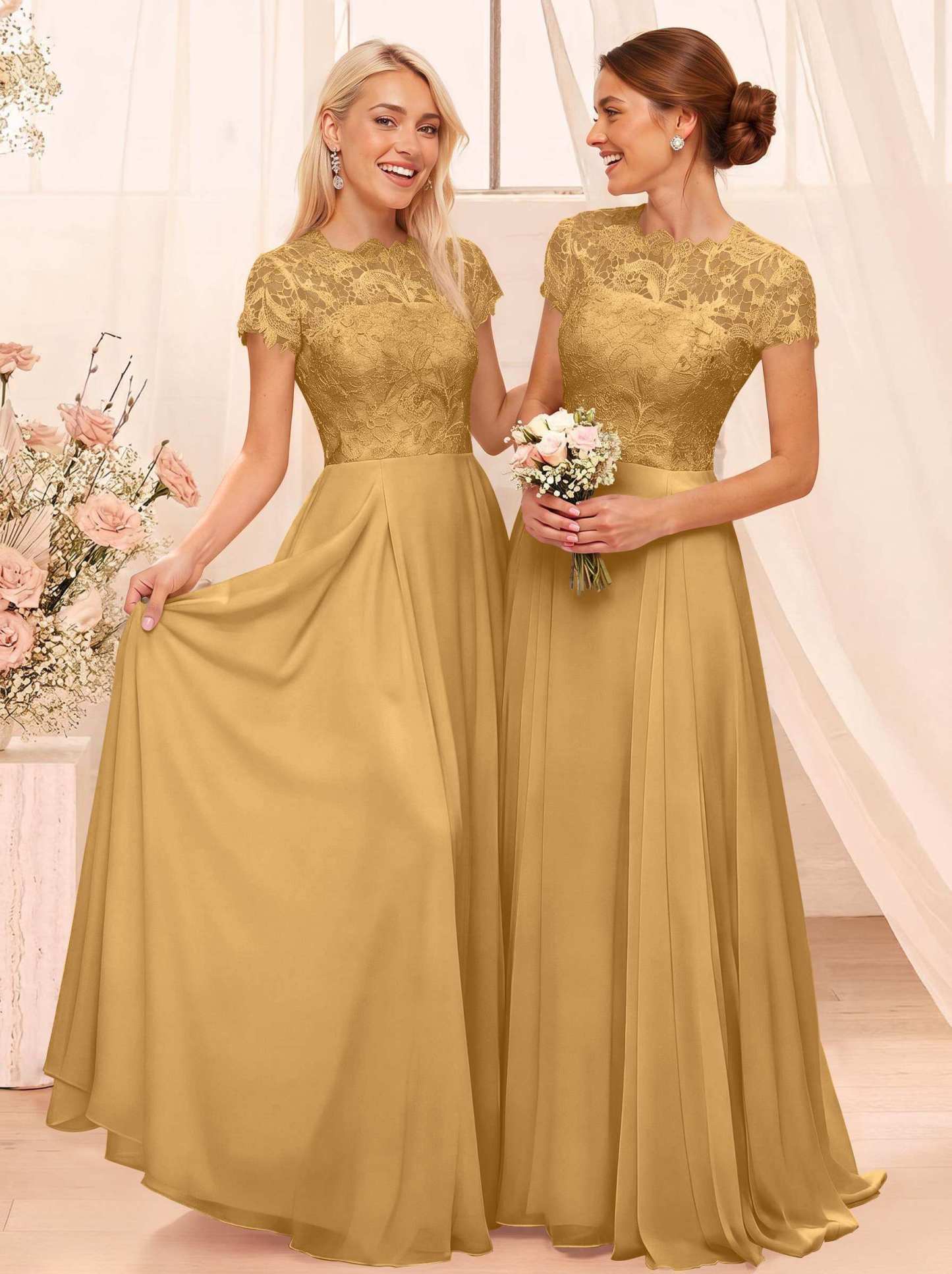 A-Line Scoop Neck Sleeveless Cap Straps Chiffon Floor-Length Bridesmaid Dresses With Lace, product image 101