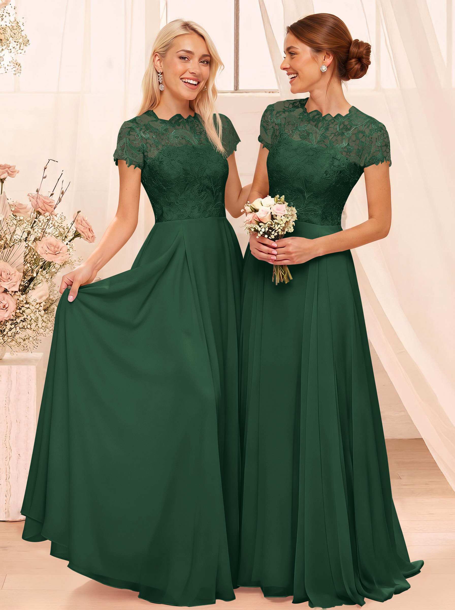 A-Line Scoop Neck Sleeveless Cap Straps Chiffon Floor-Length Bridesmaid Dresses With Lace, product image 81