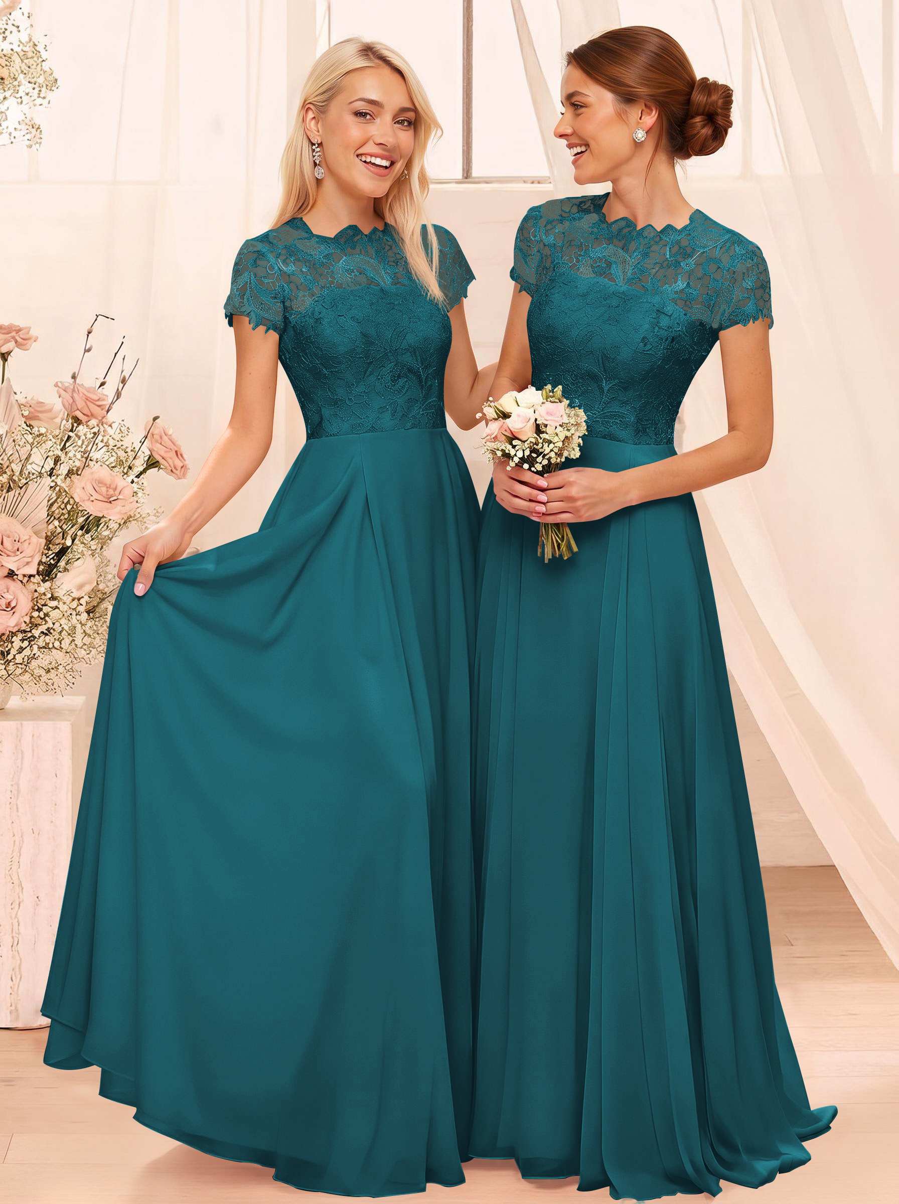 A-Line Scoop Neck Sleeveless Cap Straps Chiffon Floor-Length Bridesmaid Dresses With Lace, product image 13