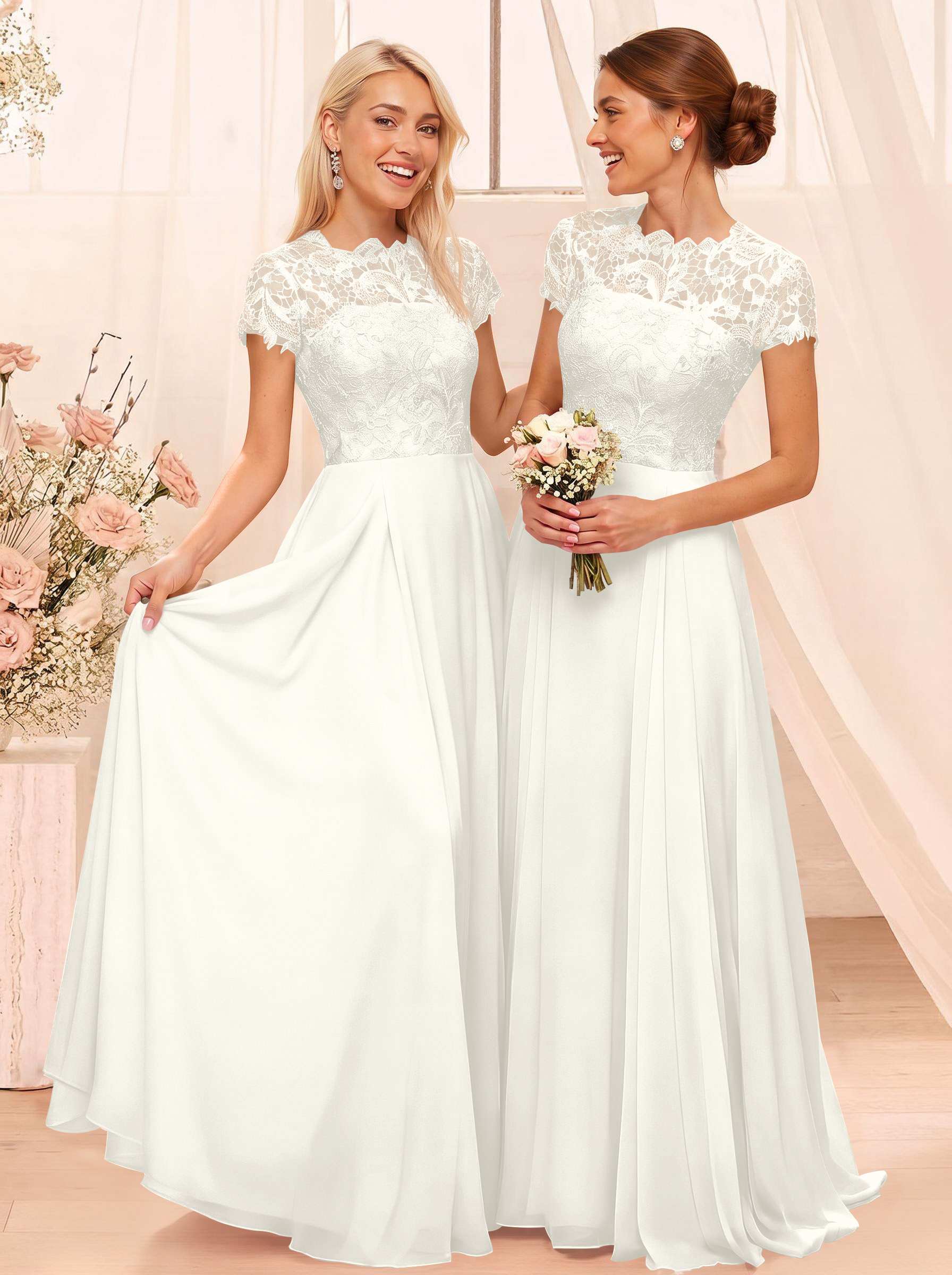 A-Line Scoop Neck Sleeveless Cap Straps Chiffon Floor-Length Bridesmaid Dresses With Lace, product image 109