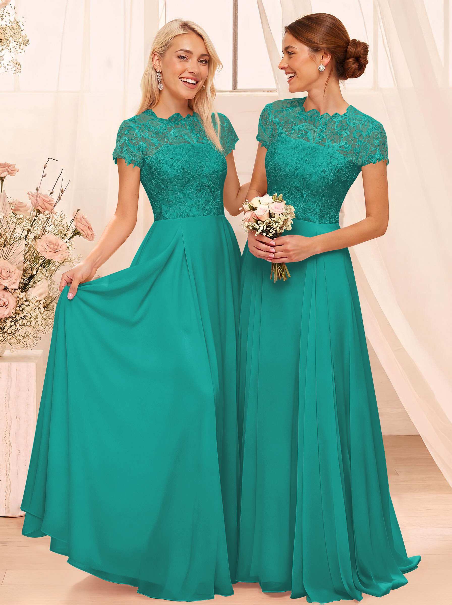A-Line Scoop Neck Sleeveless Cap Straps Chiffon Floor-Length Bridesmaid Dresses With Lace, product image 85