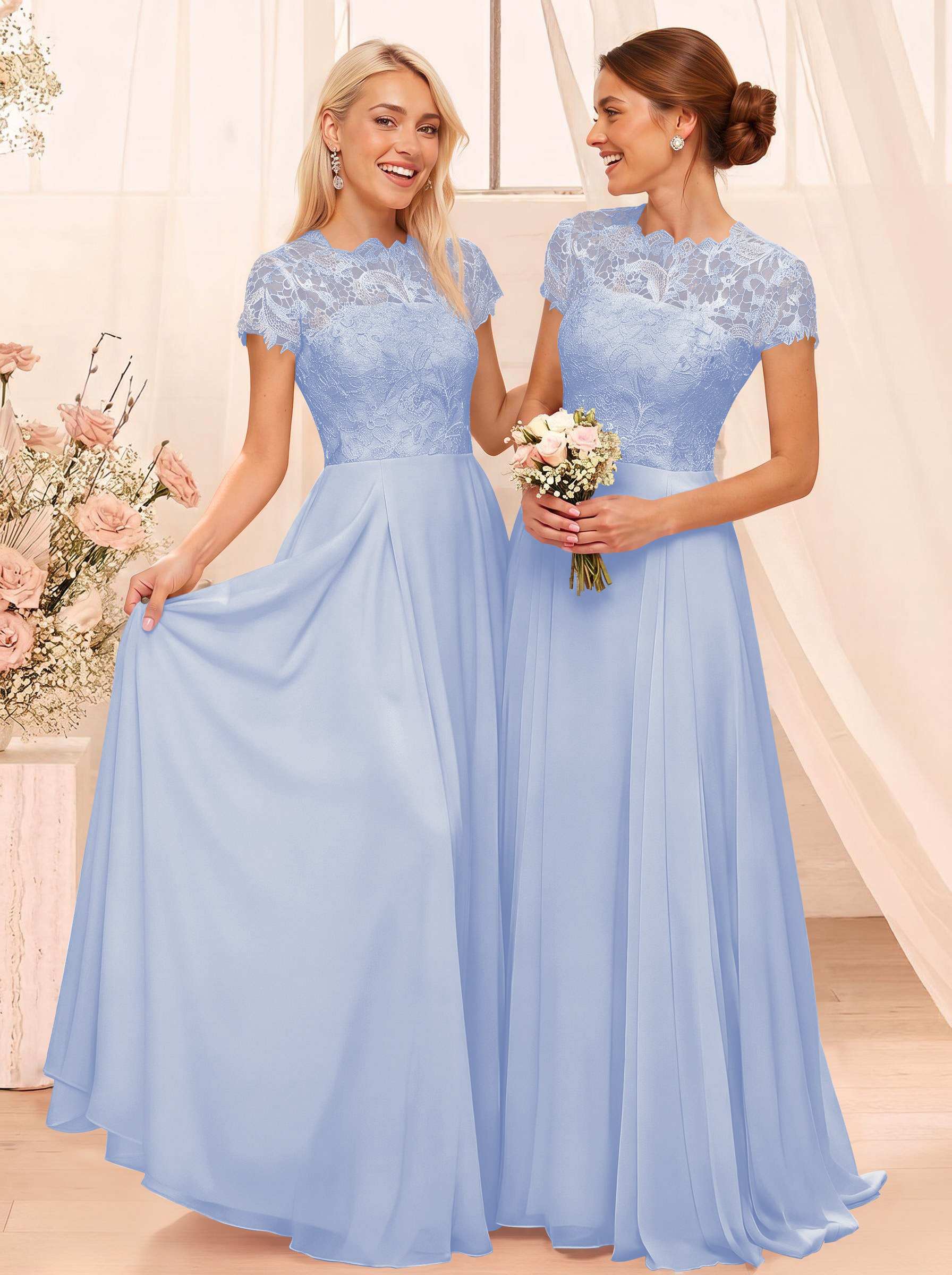 A-Line Scoop Neck Sleeveless Cap Straps Chiffon Floor-Length Bridesmaid Dresses With Lace, product image 63