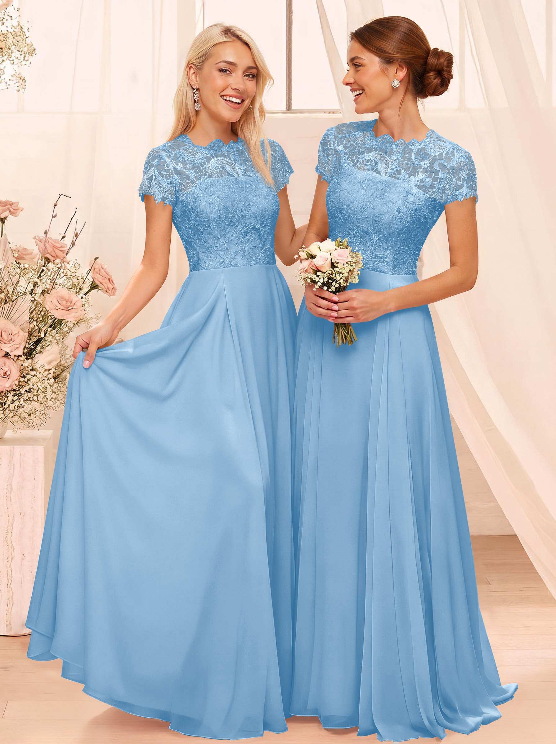 A-Line Scoop Neck Sleeveless Cap Straps Chiffon Floor-Length Bridesmaid Dresses With Lace, product image 21