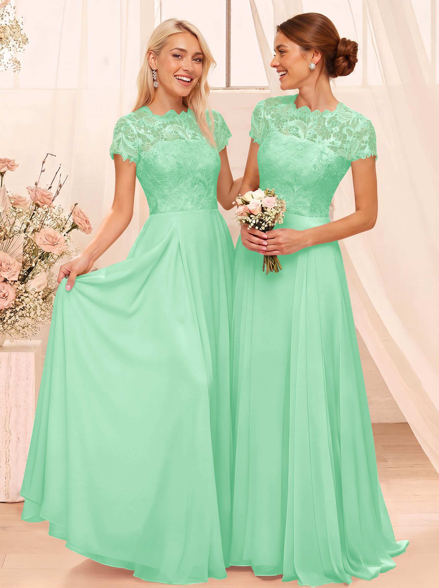 A-Line Scoop Neck Sleeveless Cap Straps Chiffon Floor-Length Bridesmaid Dresses With Lace, product image 91