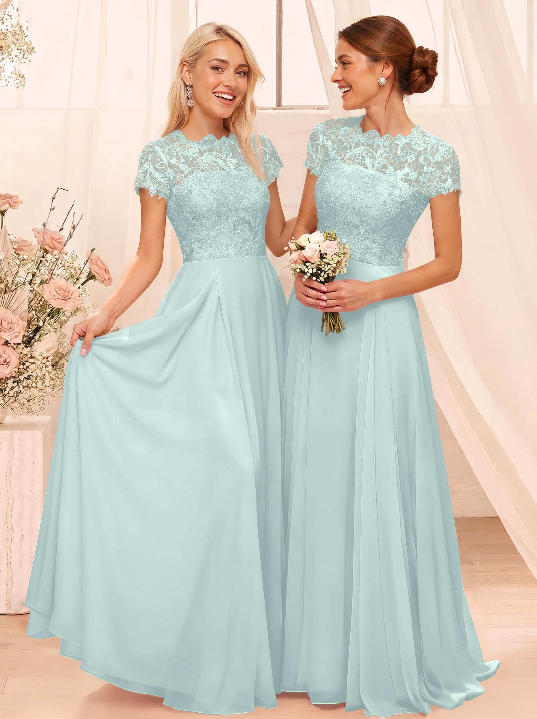 A-Line Scoop Neck Sleeveless Cap Straps Chiffon Floor-Length Bridesmaid Dresses With Lace, product image 25