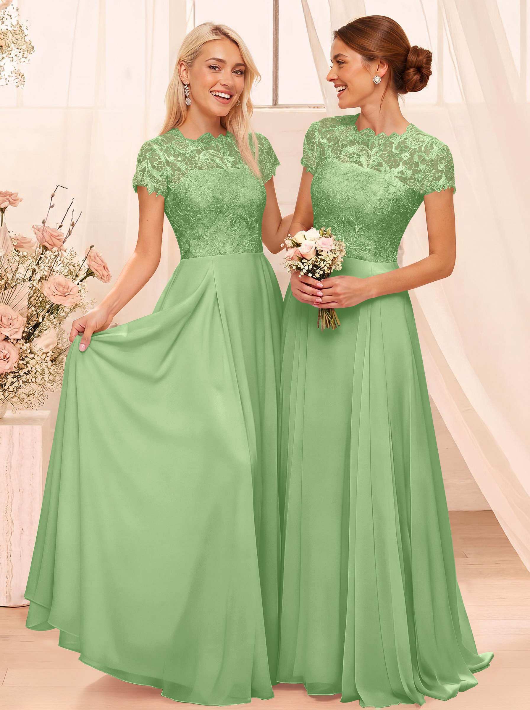 A-Line Scoop Neck Sleeveless Cap Straps Chiffon Floor-Length Bridesmaid Dresses With Lace, product image 131