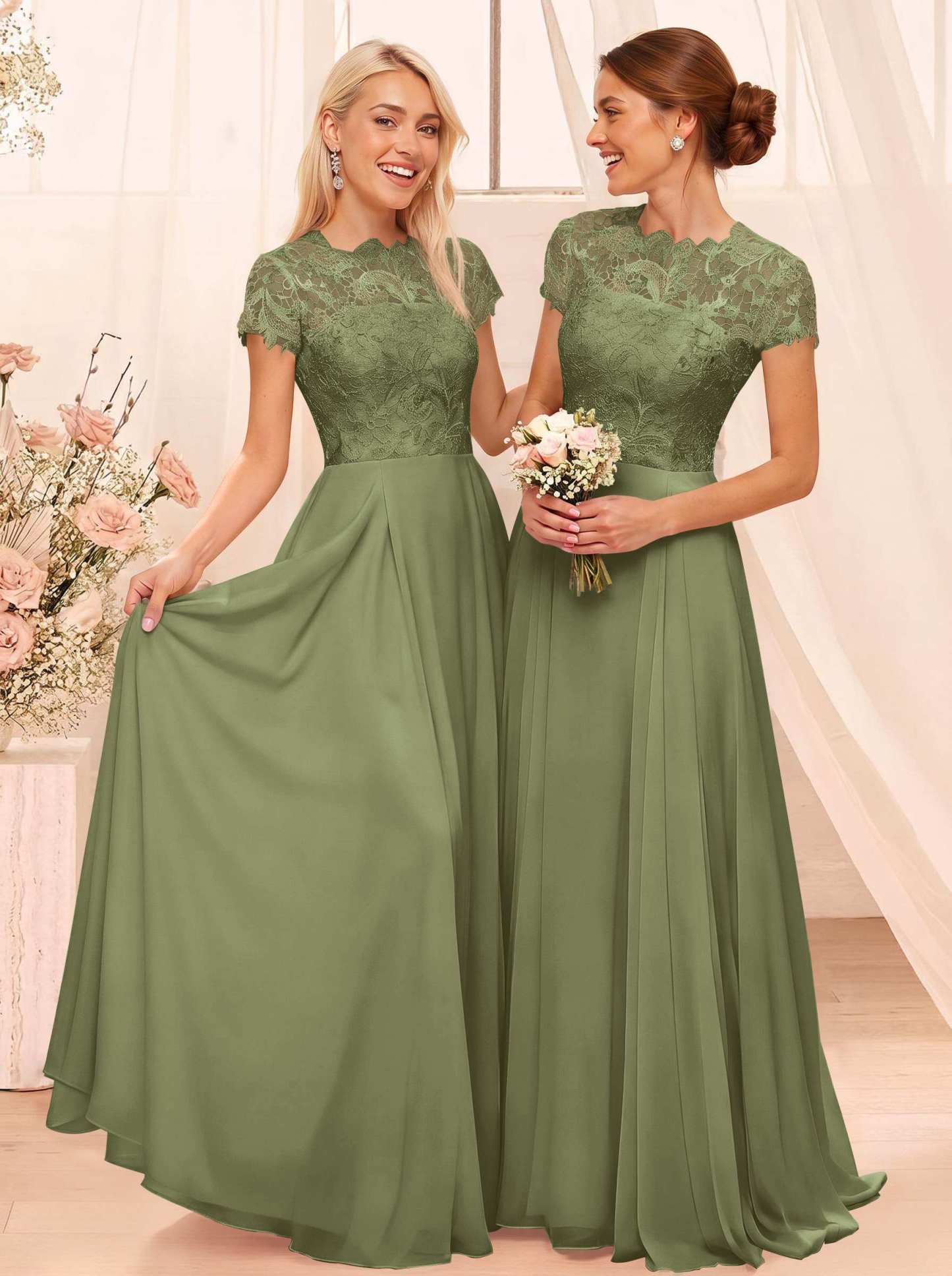 A-Line Scoop Neck Sleeveless Cap Straps Chiffon Floor-Length Bridesmaid Dresses With Lace, product image 119