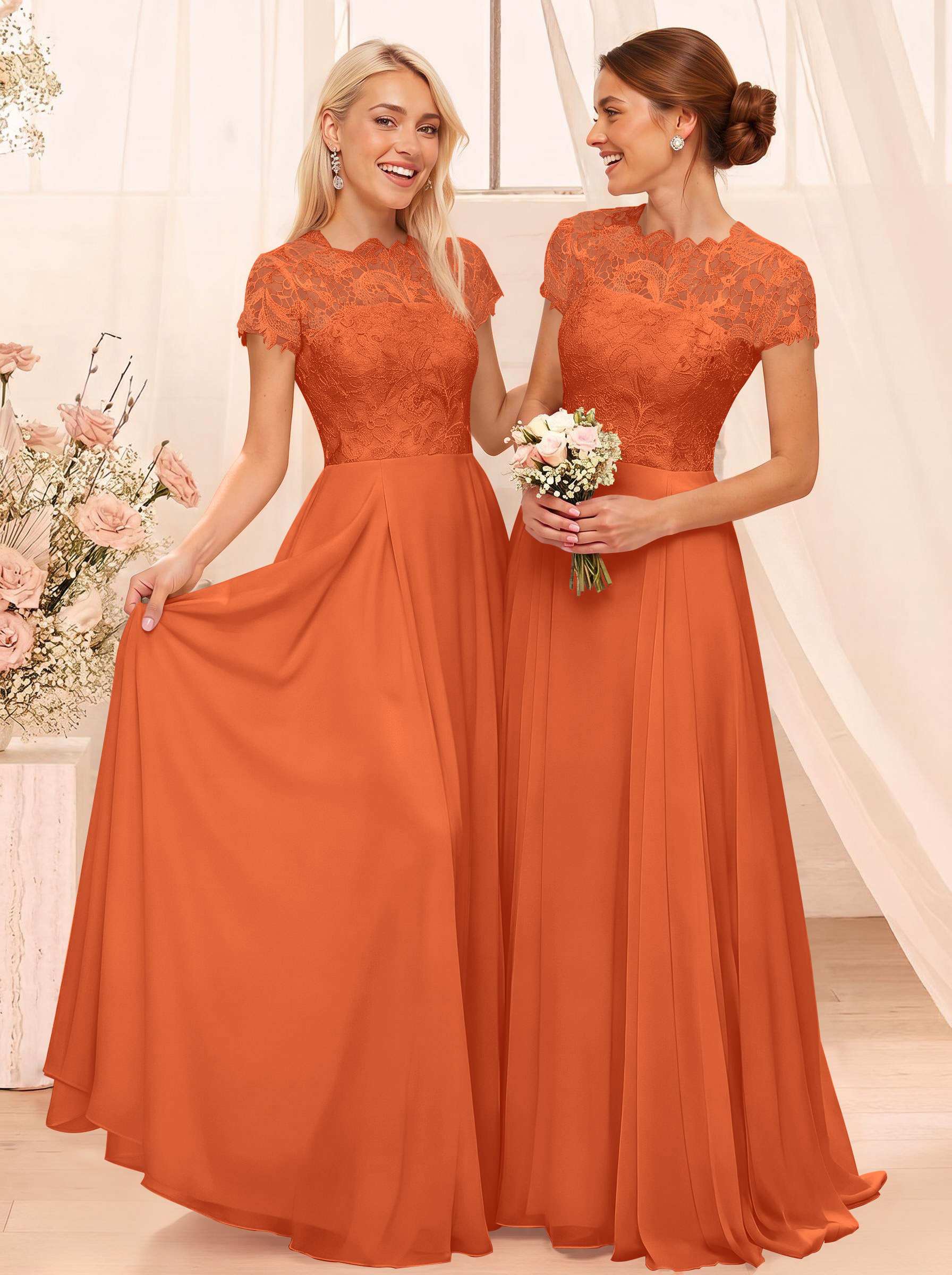 A-Line Scoop Neck Sleeveless Cap Straps Chiffon Floor-Length Bridesmaid Dresses With Lace, product image 103