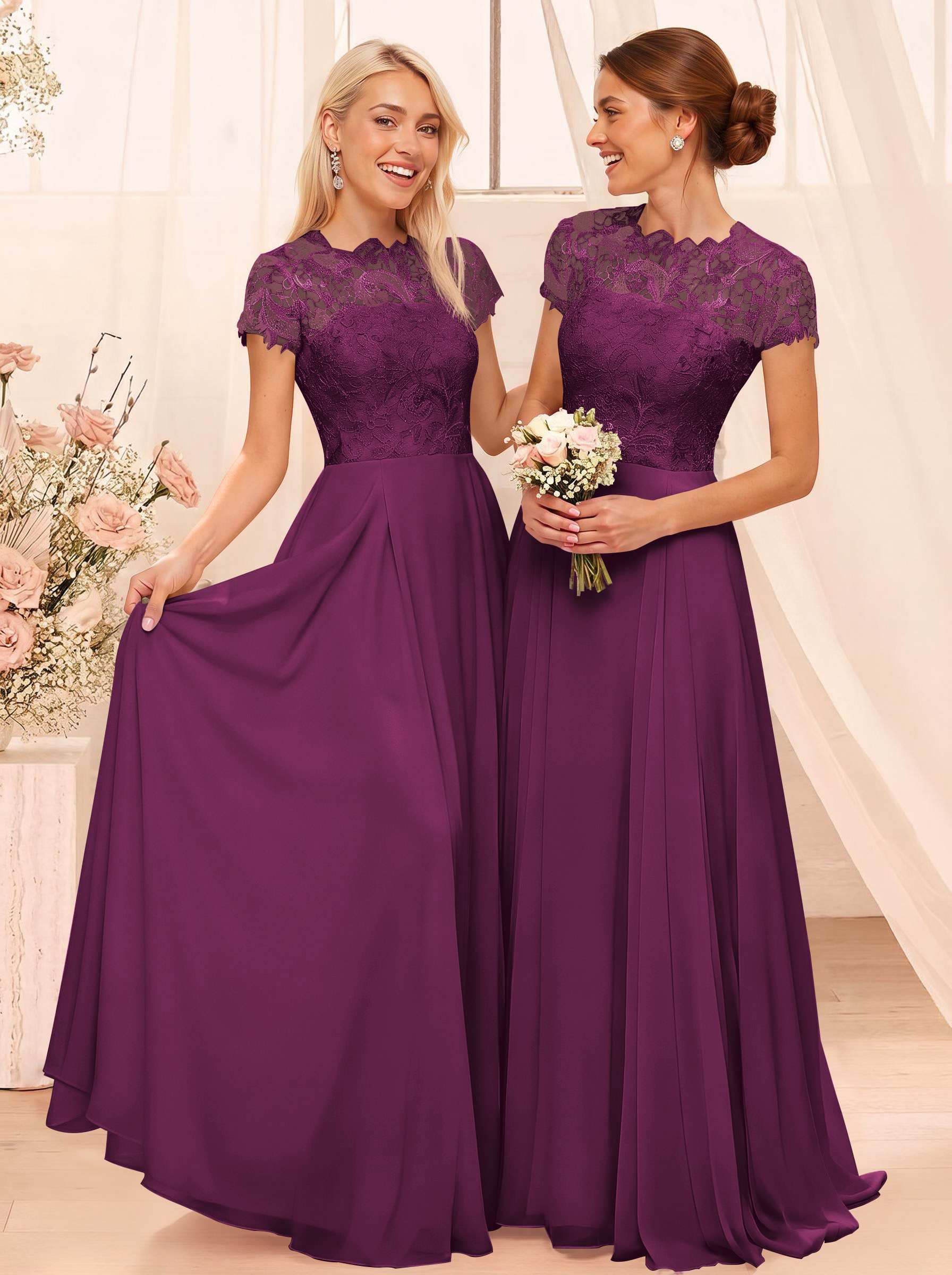 A-Line Scoop Neck Sleeveless Cap Straps Chiffon Floor-Length Bridesmaid Dresses With Lace, product image 71