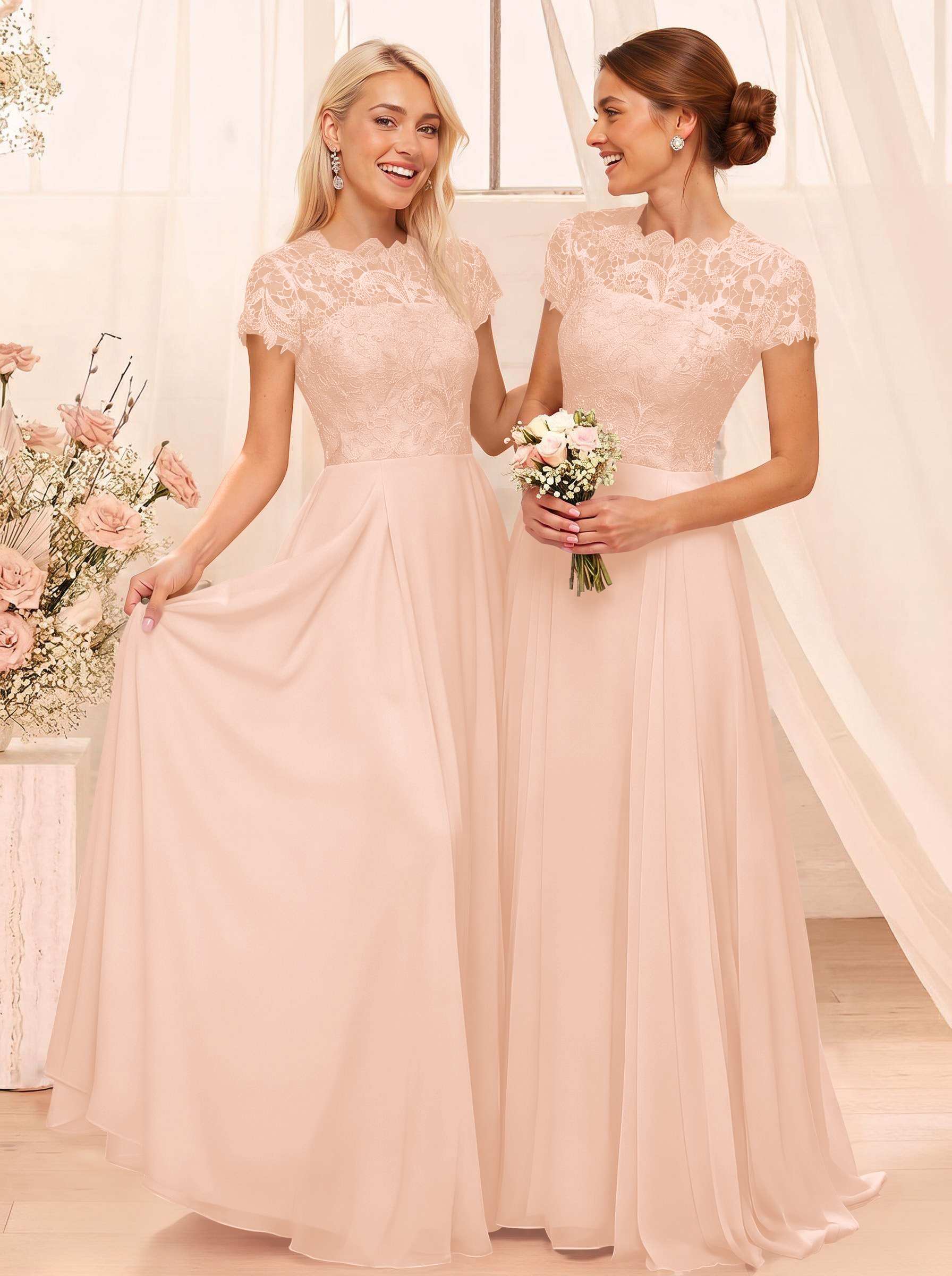 A-Line Scoop Neck Sleeveless Cap Straps Chiffon Floor-Length Bridesmaid Dresses With Lace, product image 41