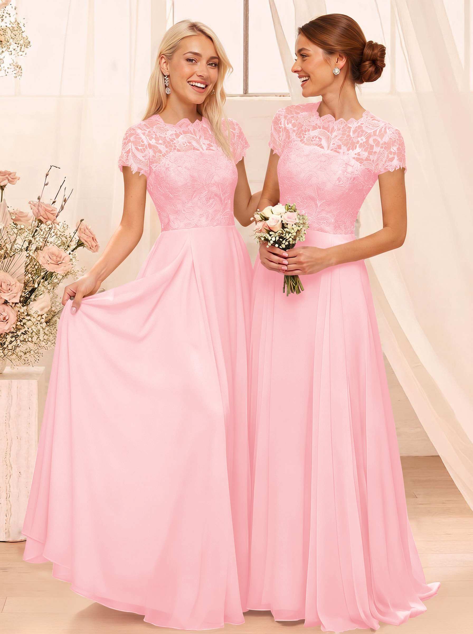 A-Line Scoop Neck Sleeveless Cap Straps Chiffon Floor-Length Bridesmaid Dresses With Lace, product image 45