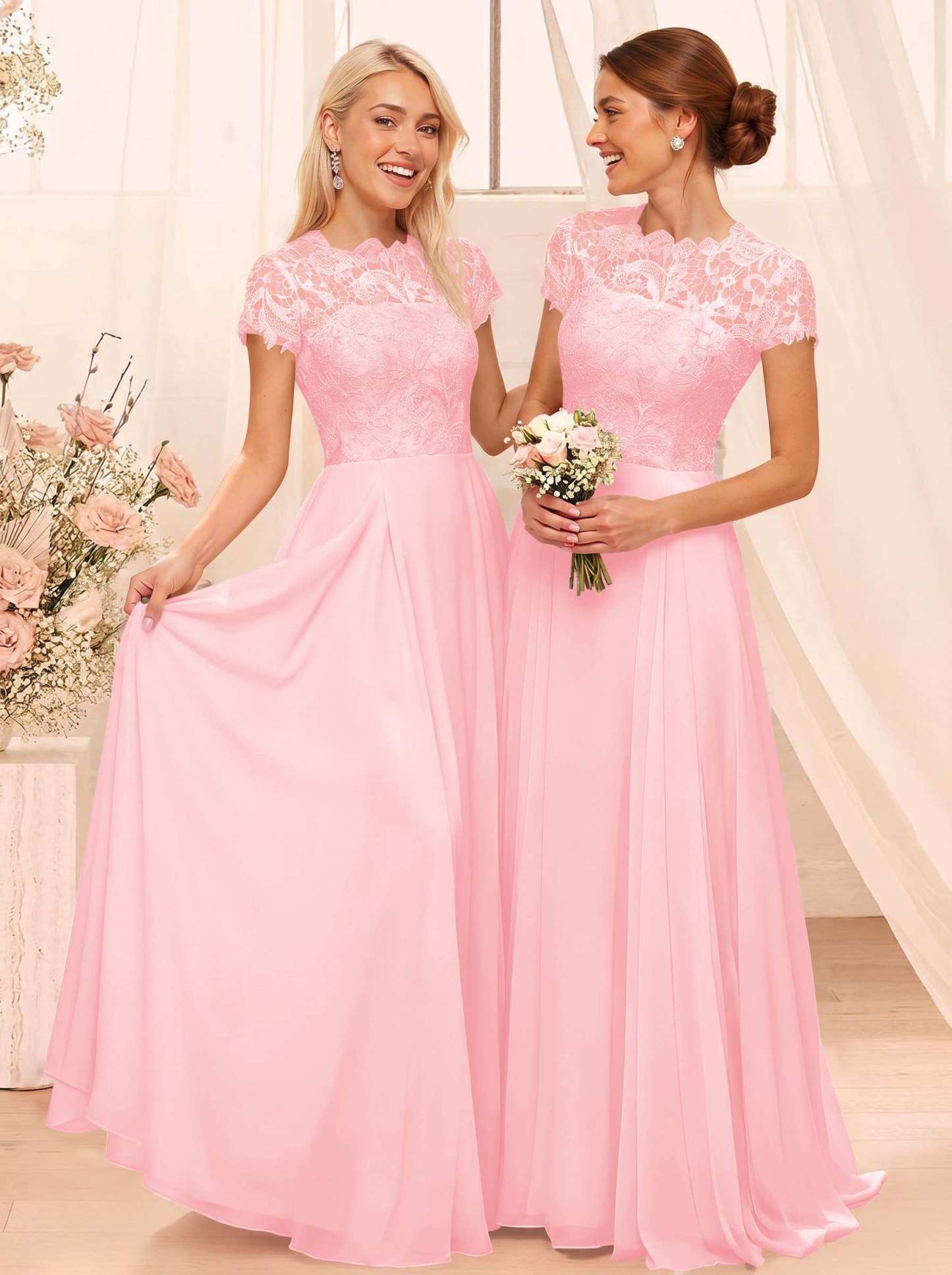 A-Line Scoop Neck Sleeveless Cap Straps Chiffon Floor-Length Bridesmaid Dresses With Lace, product image 45