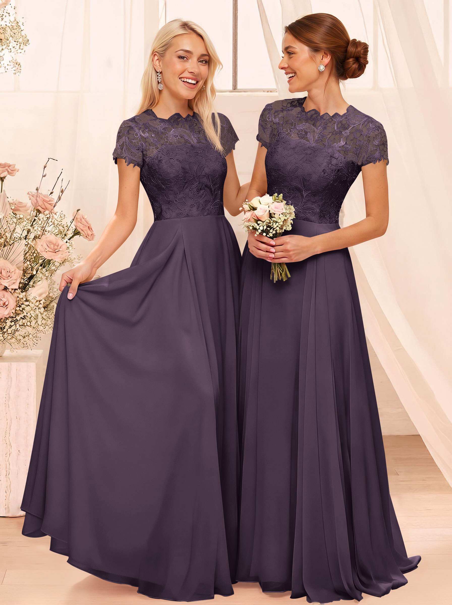 A-Line Scoop Neck Sleeveless Cap Straps Chiffon Floor-Length Bridesmaid Dresses With Lace, product image 67
