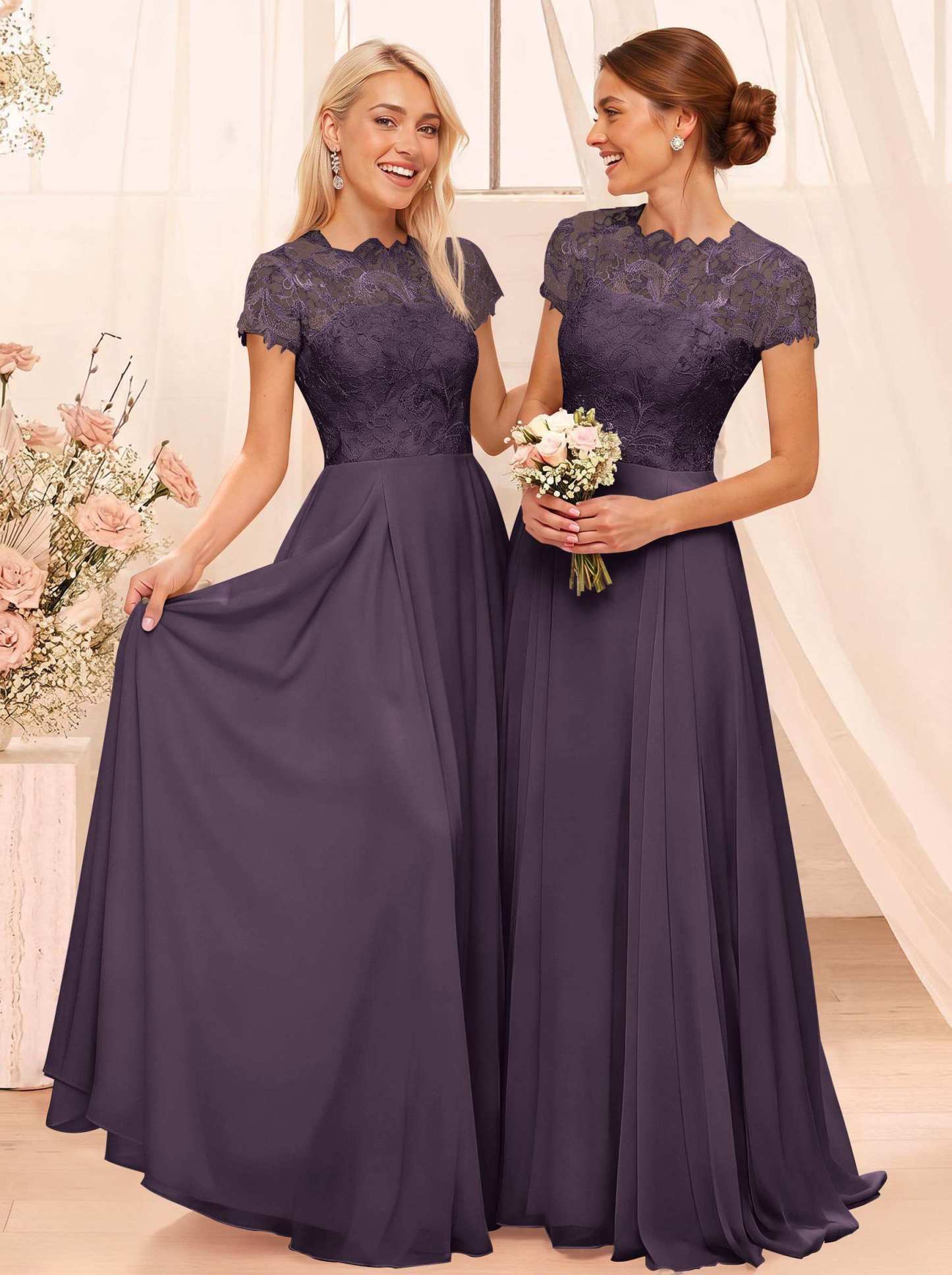 A-Line Scoop Neck Sleeveless Cap Straps Chiffon Floor-Length Bridesmaid Dresses With Lace, product image 67