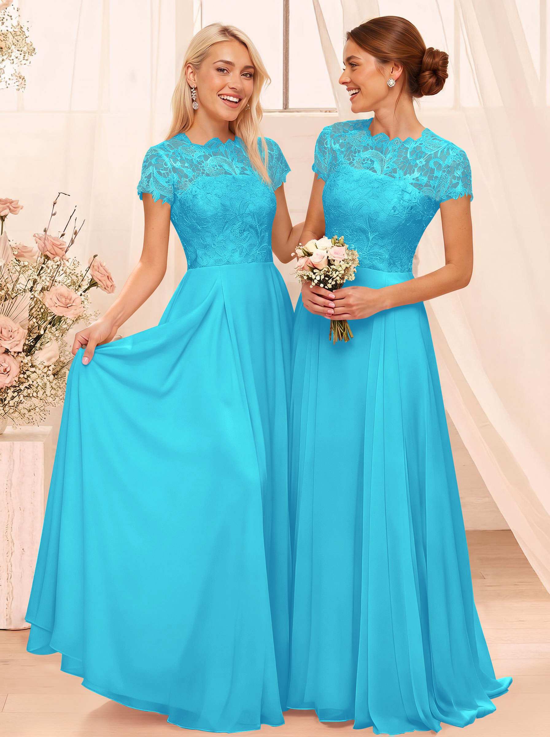 A-Line Scoop Neck Sleeveless Cap Straps Chiffon Floor-Length Bridesmaid Dresses With Lace, product image 19