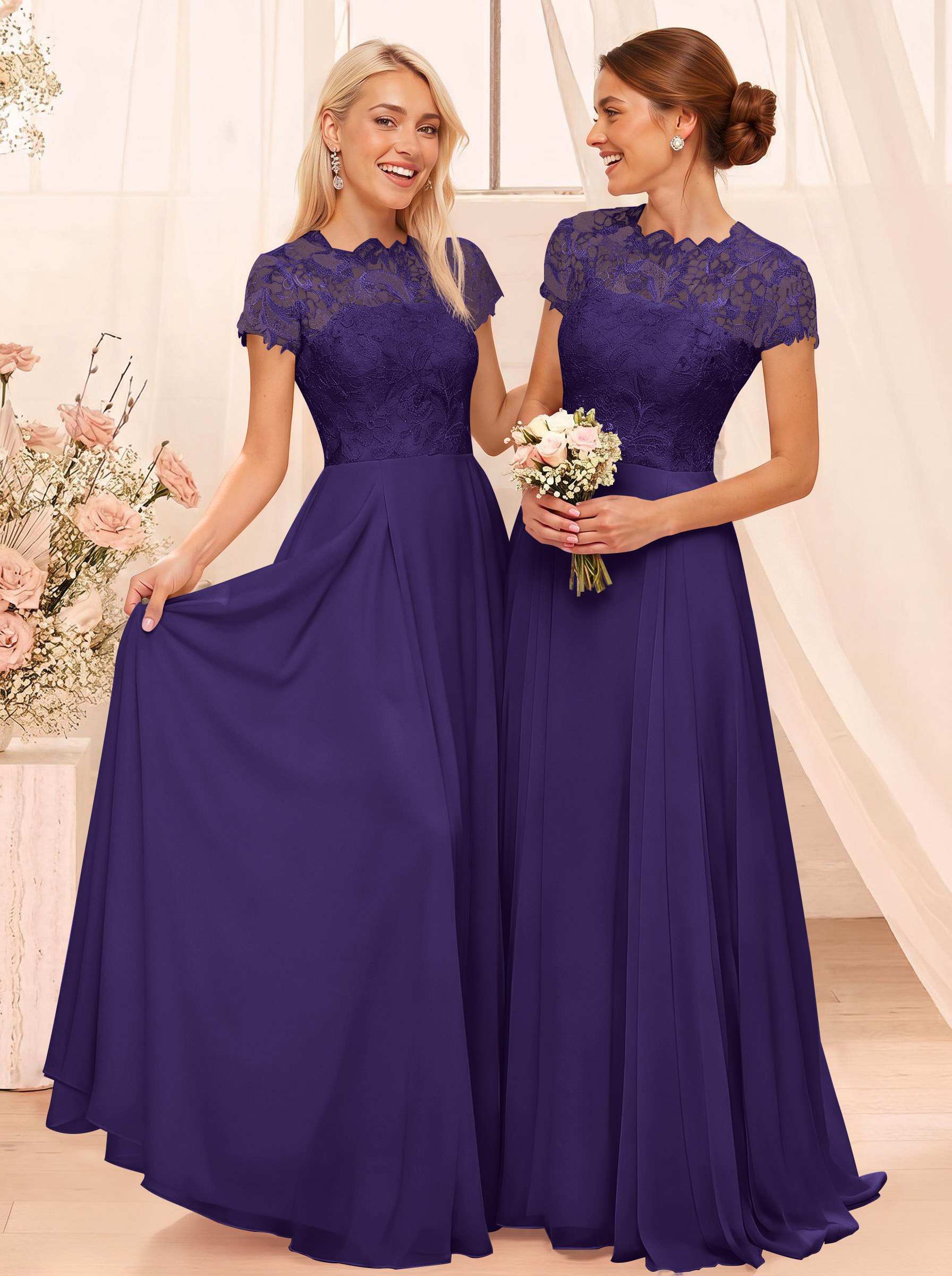 A-Line Scoop Neck Sleeveless Cap Straps Chiffon Floor-Length Bridesmaid Dresses With Lace, product image 77