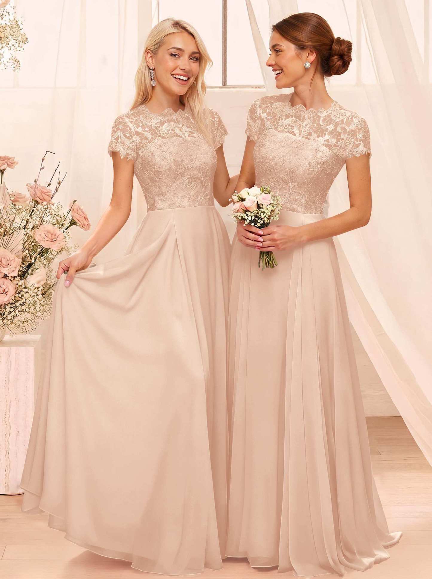 A-Line Scoop Neck Sleeveless Cap Straps Chiffon Floor-Length Bridesmaid Dresses With Lace, product image 125