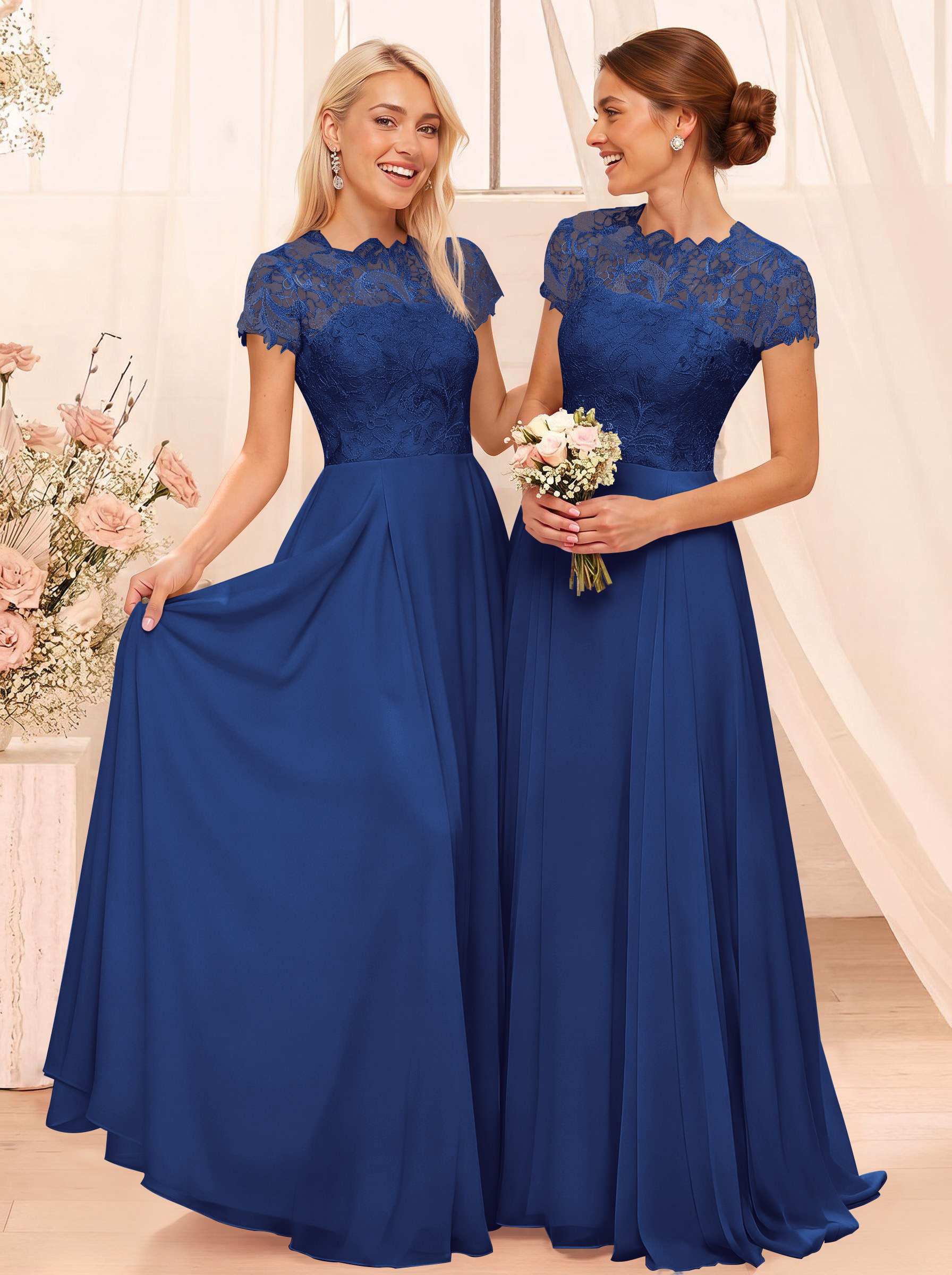 A-Line Scoop Neck Sleeveless Cap Straps Chiffon Floor-Length Bridesmaid Dresses With Lace, product image 15