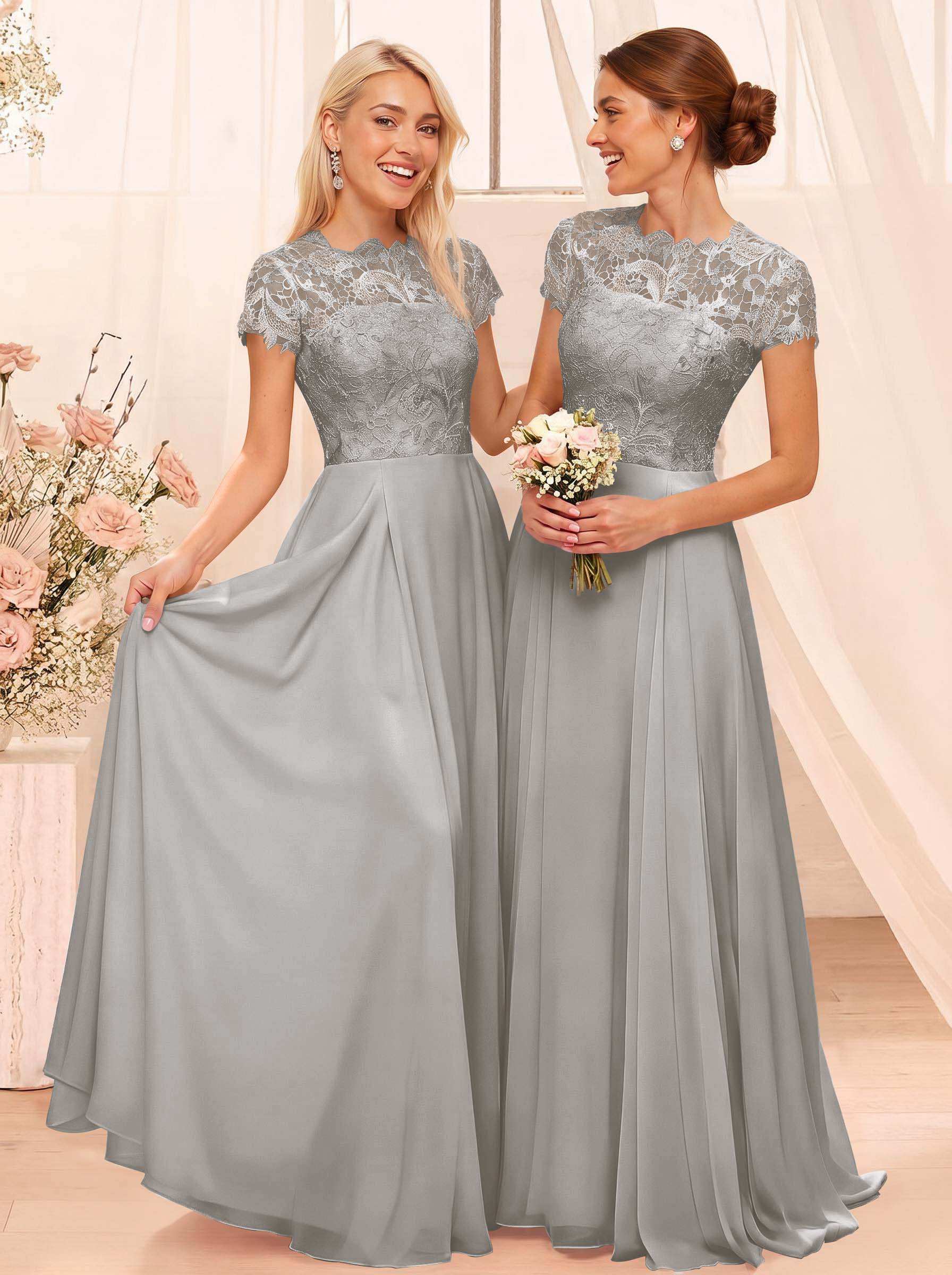A-Line Scoop Neck Sleeveless Cap Straps Chiffon Floor-Length Bridesmaid Dresses With Lace, product image 113