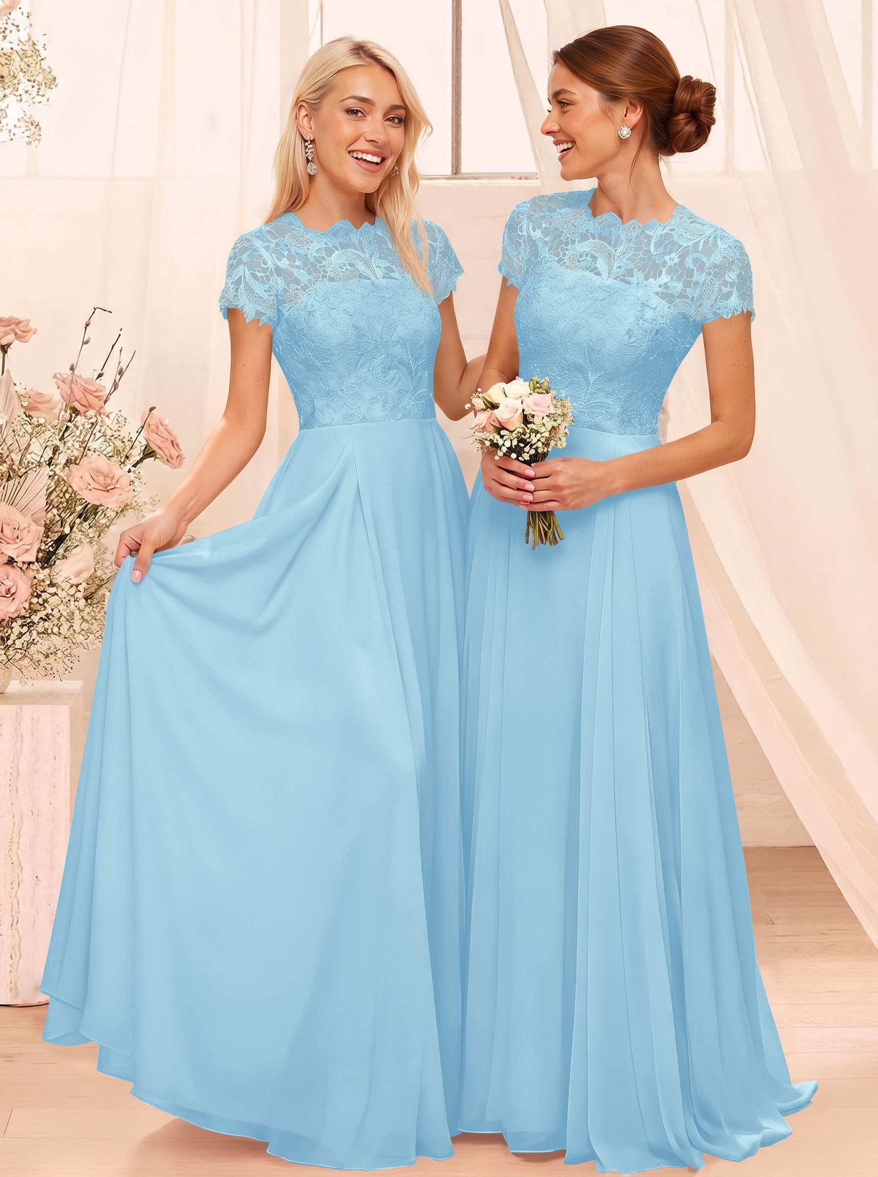 A-Line Scoop Neck Sleeveless Cap Straps Chiffon Floor-Length Bridesmaid Dresses With Lace, product image 23