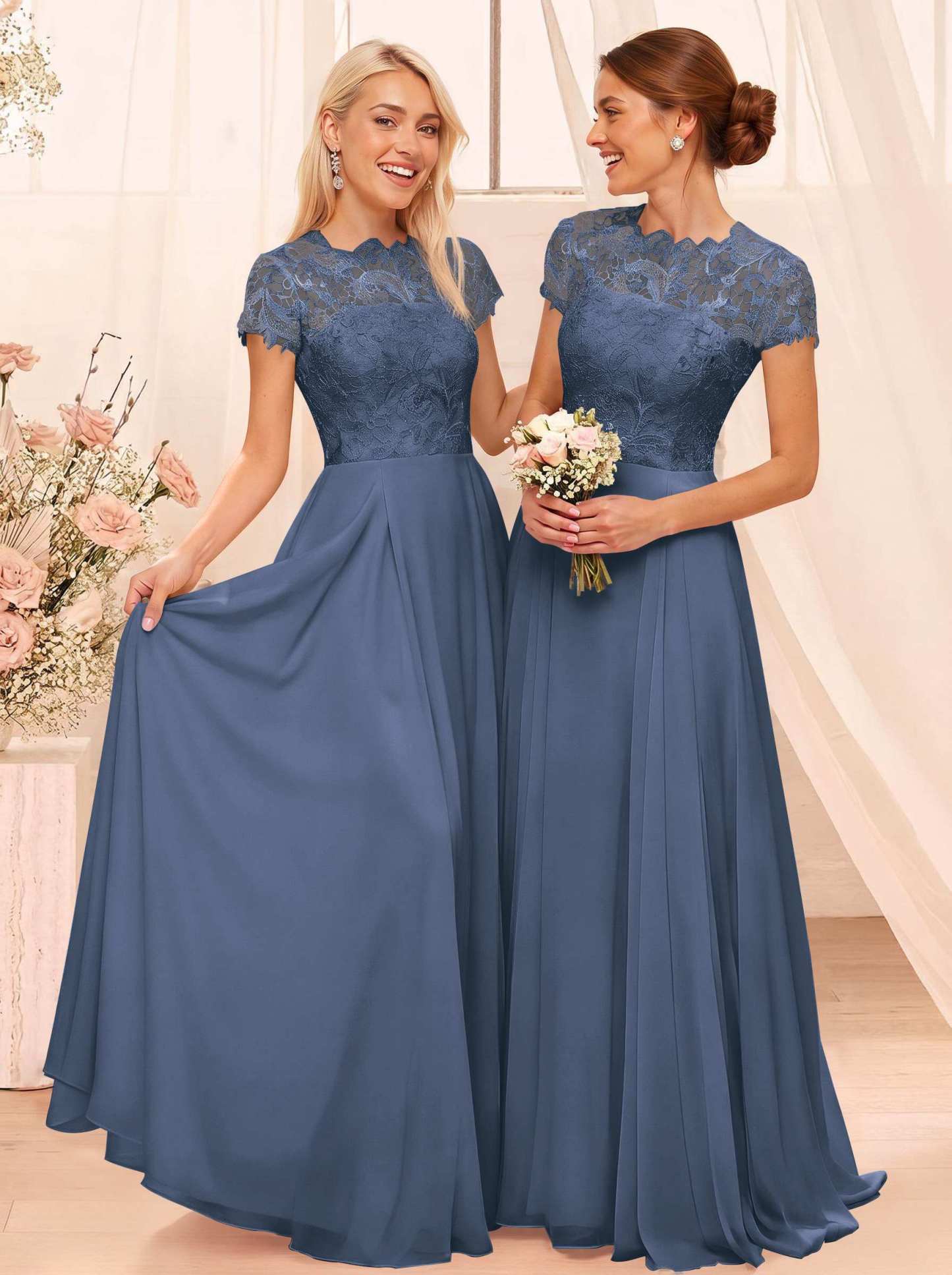 A-Line Scoop Neck Sleeveless Cap Straps Chiffon Floor-Length Bridesmaid Dresses With Lace, product image 9