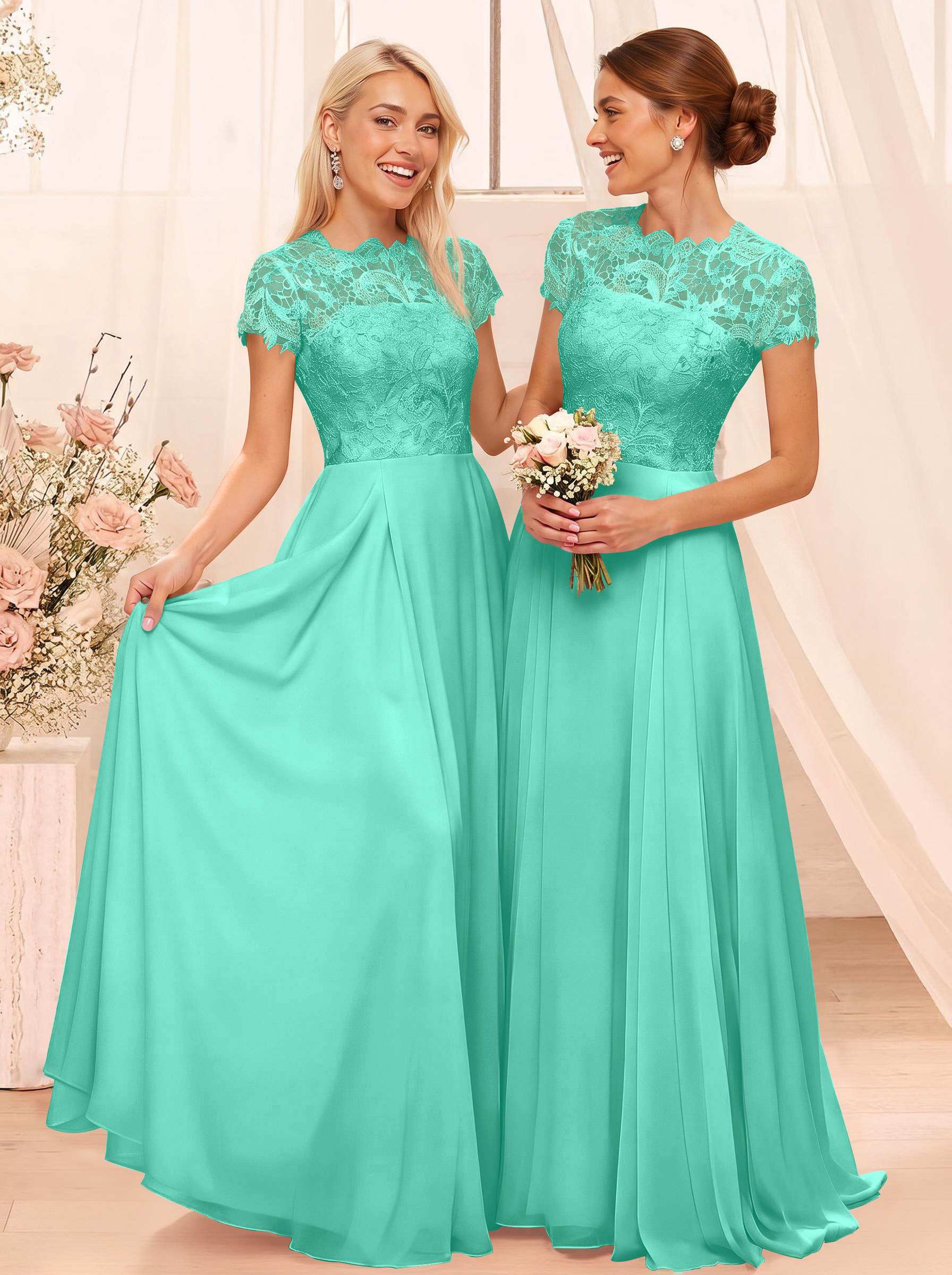 A-Line Scoop Neck Sleeveless Cap Straps Chiffon Floor-Length Bridesmaid Dresses With Lace, product image 93