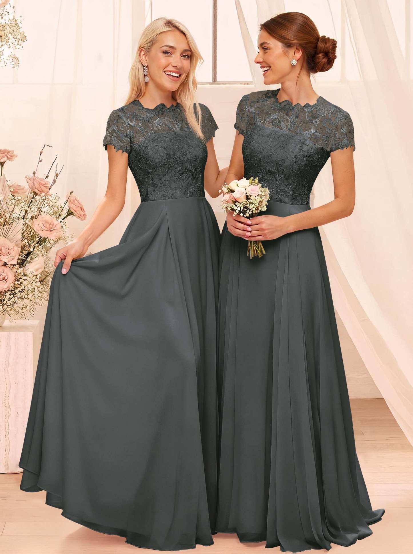A-Line Scoop Neck Sleeveless Cap Straps Chiffon Floor-Length Bridesmaid Dresses With Lace, product image 115